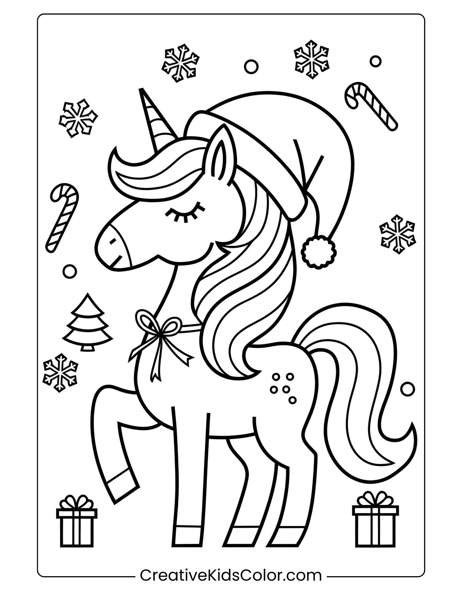 Magical Unicorn Wearing A Santa Hat, Surrounded By Christmas Decorations In This Holiday-Themed Coloring Page.