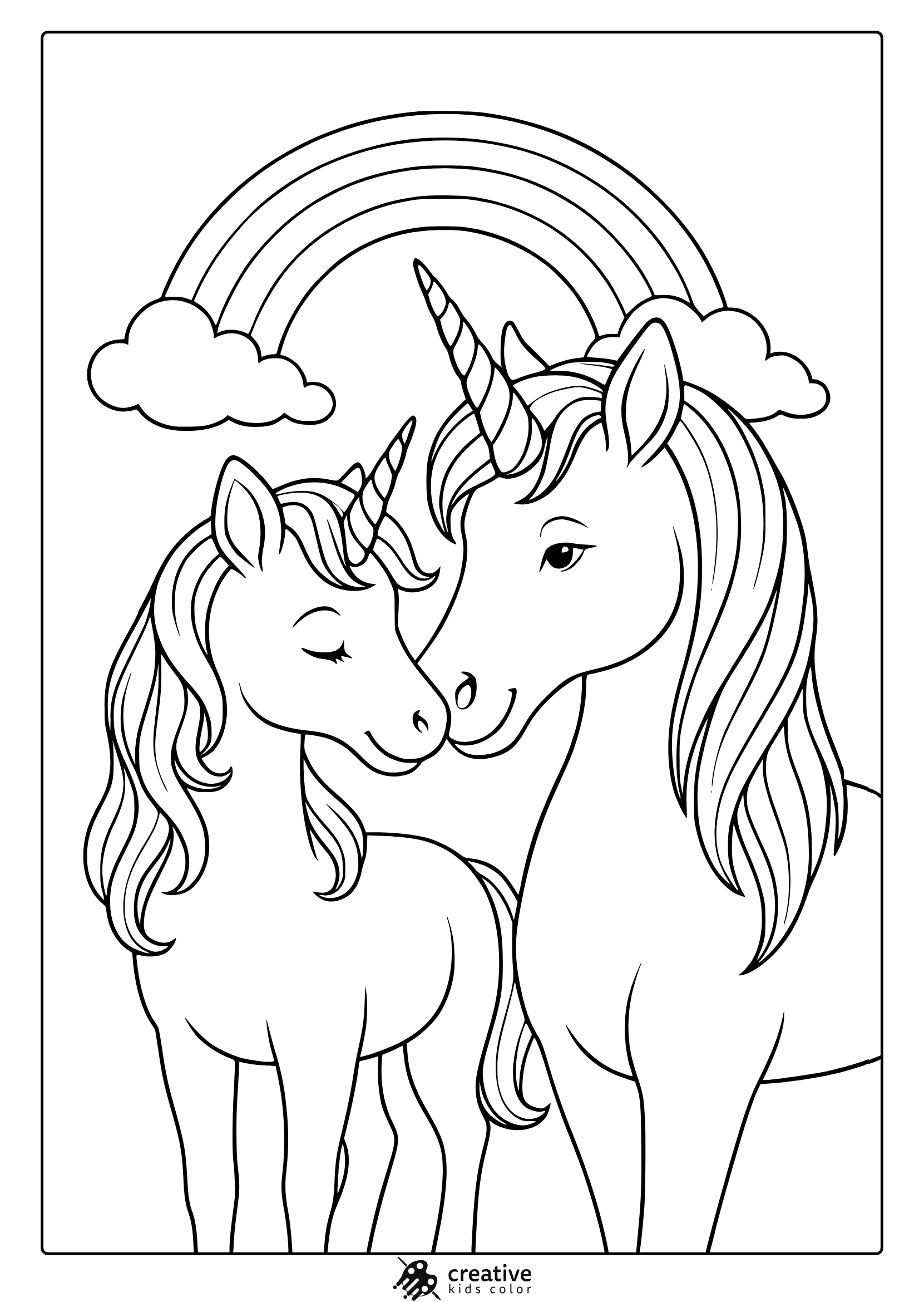 Unicorn Family Nuzzling Under A Rainbow With Soft Clouds In A Sweet Bonding Coloring Page.