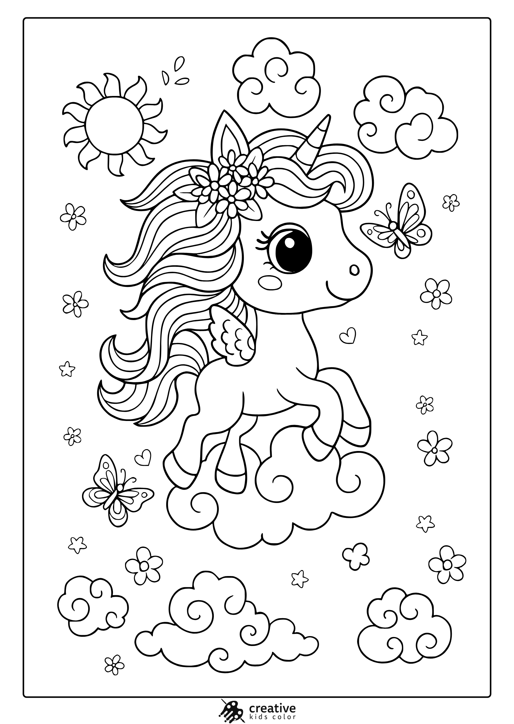 Flying Unicorn With Flowers And Butterflies On Clouds In A Dreamy Sky Coloring Page.