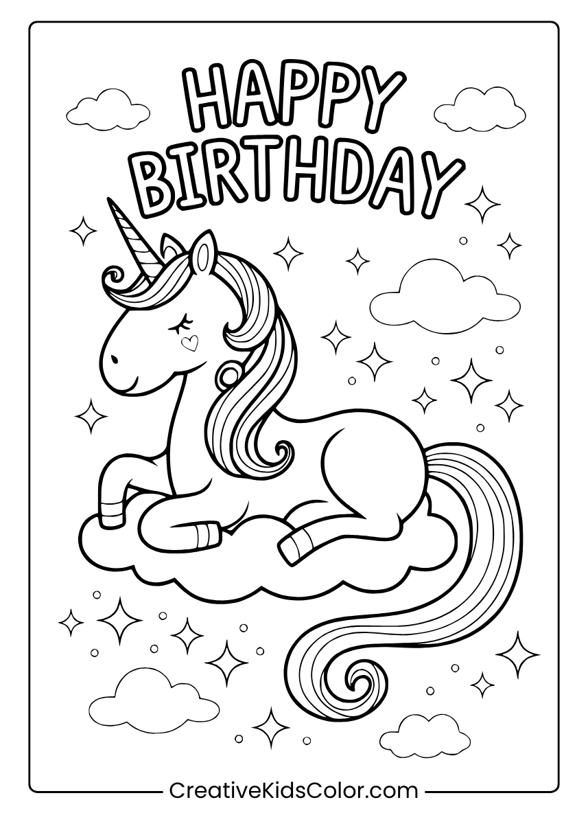 A Majestic Unicorn Surrounded By Clouds And Stars, Ideal As A Whimsical Coloring Page.