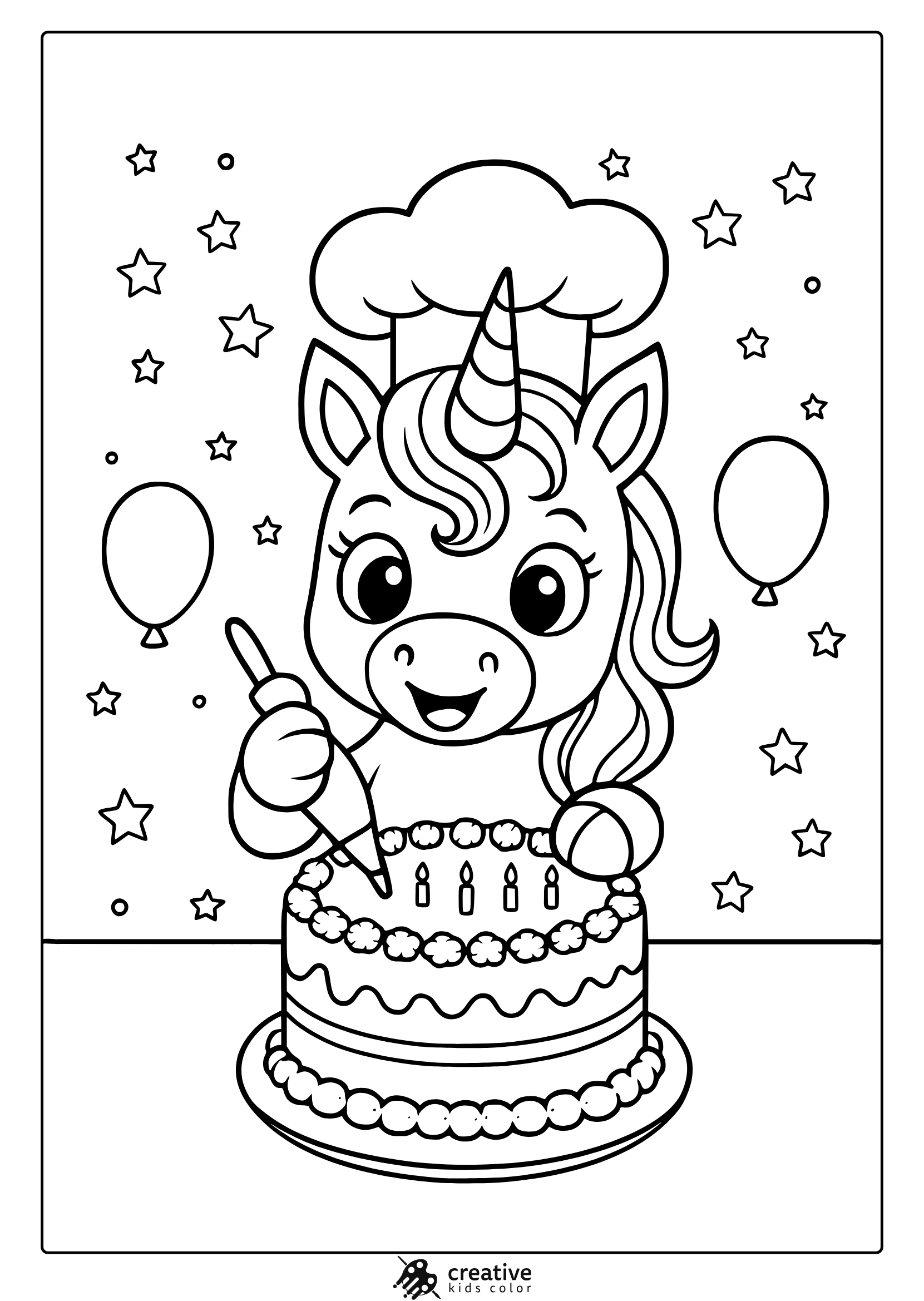 Unicorn Chef Icing A Layered Cake With Balloons And Stars In This Festive Coloring Page.