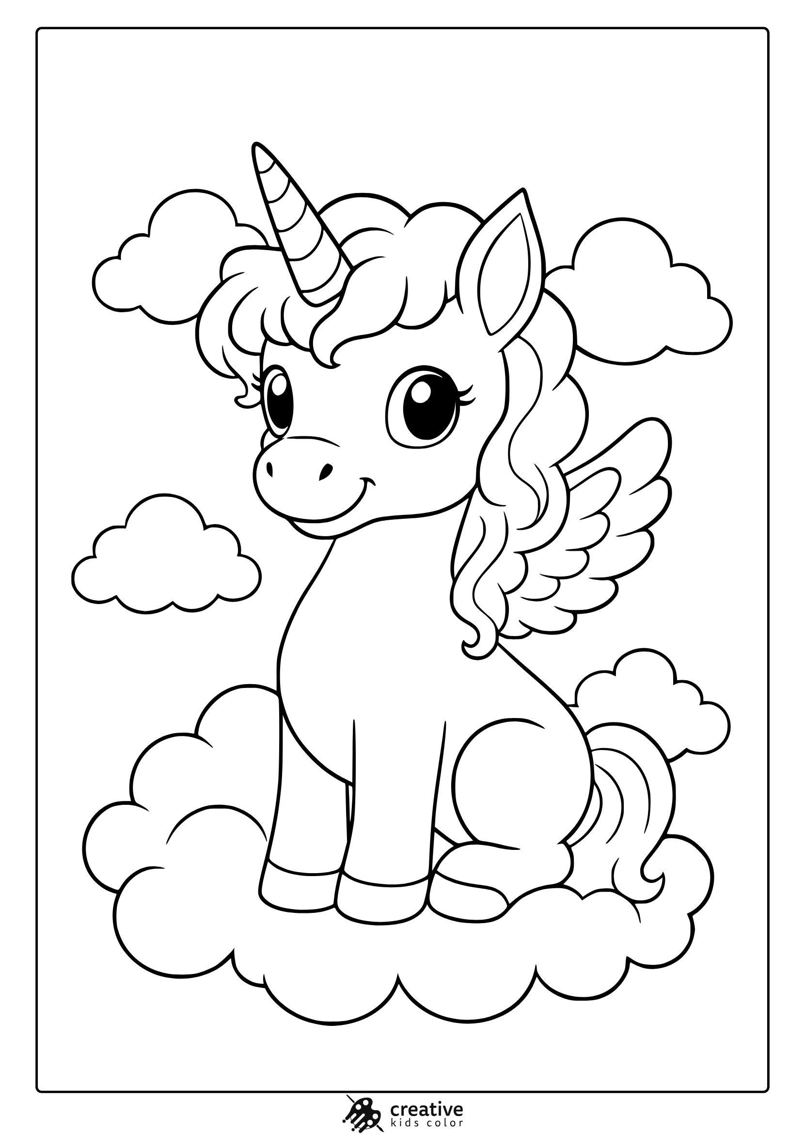 Winged Unicorn Sitting On Clouds With Soft Background In A Kawaii-Style Sky Coloring Page.