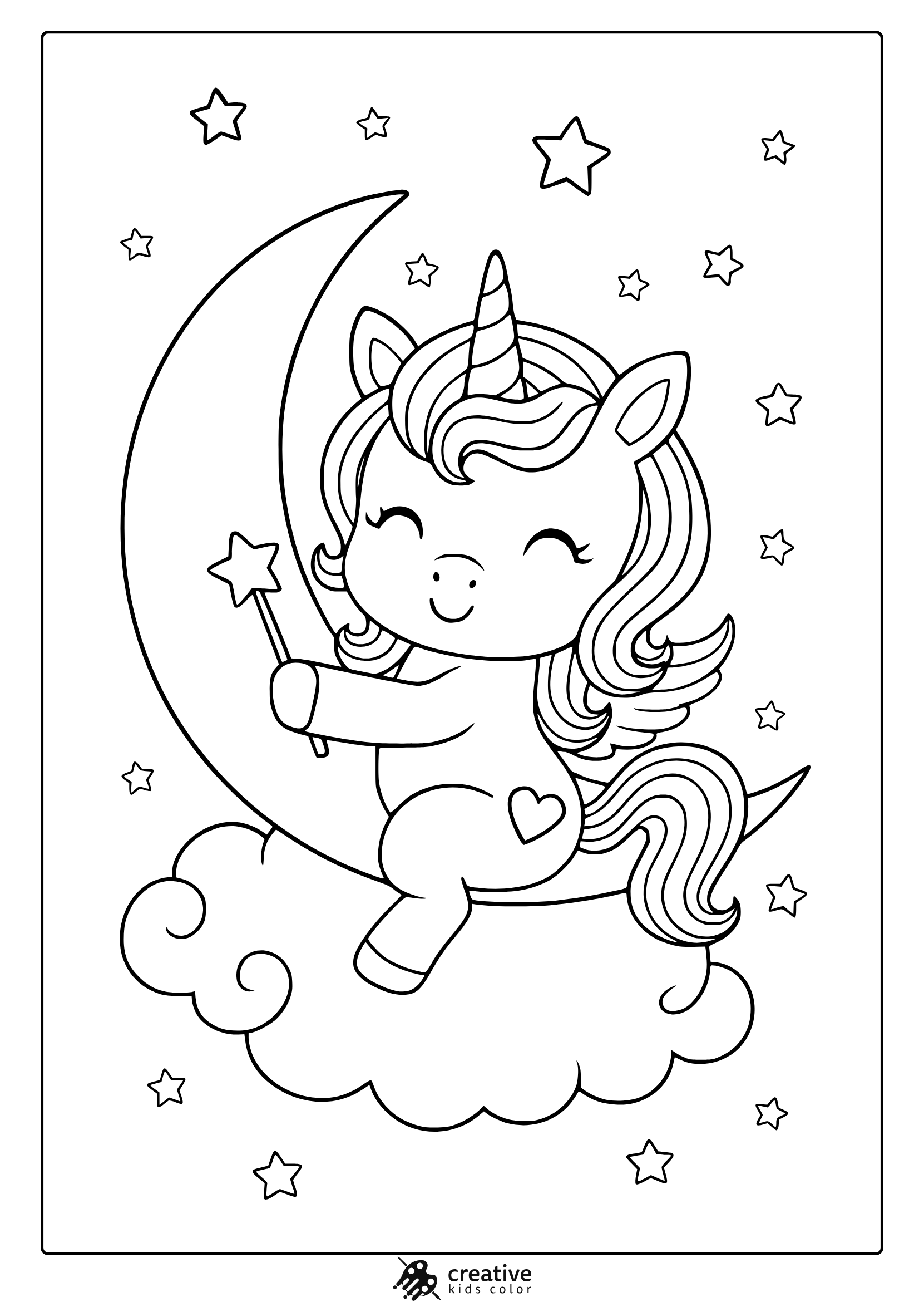 Unicorn On A Fluffy Cloud Near Crescent Moon With Stars And Wand In A Fantasy Coloring Page.