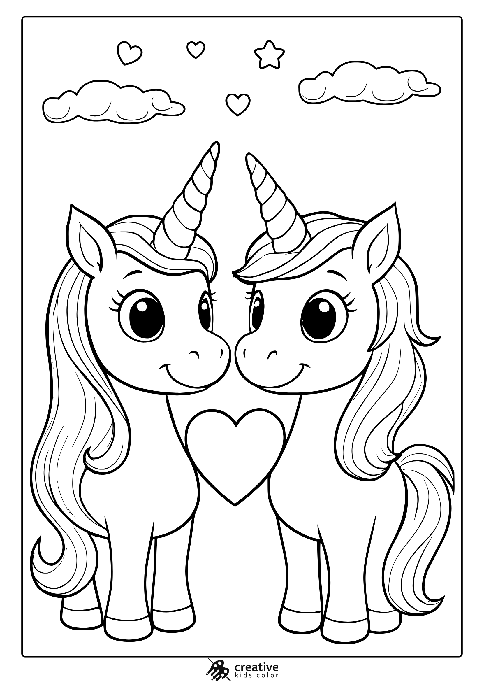 Twin Unicorns With Matching Manes And Heart Bond Under Stars In A Sweet Coloring Page.