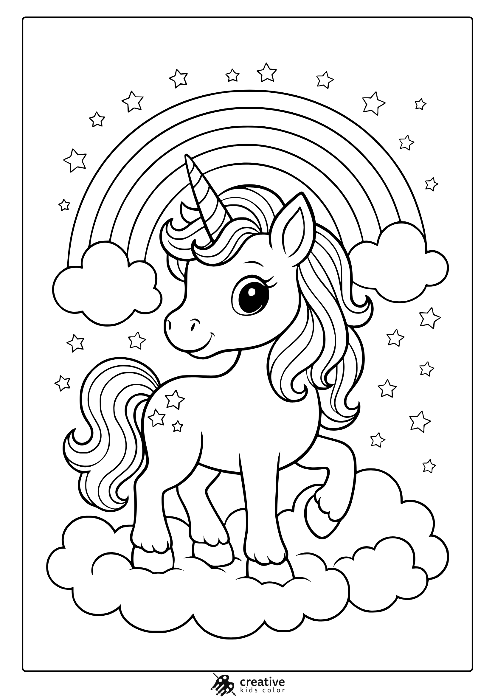 Unicorn Under Rainbow With Flowing Mane And Stars In A Soft And Dreamy Coloring Page.