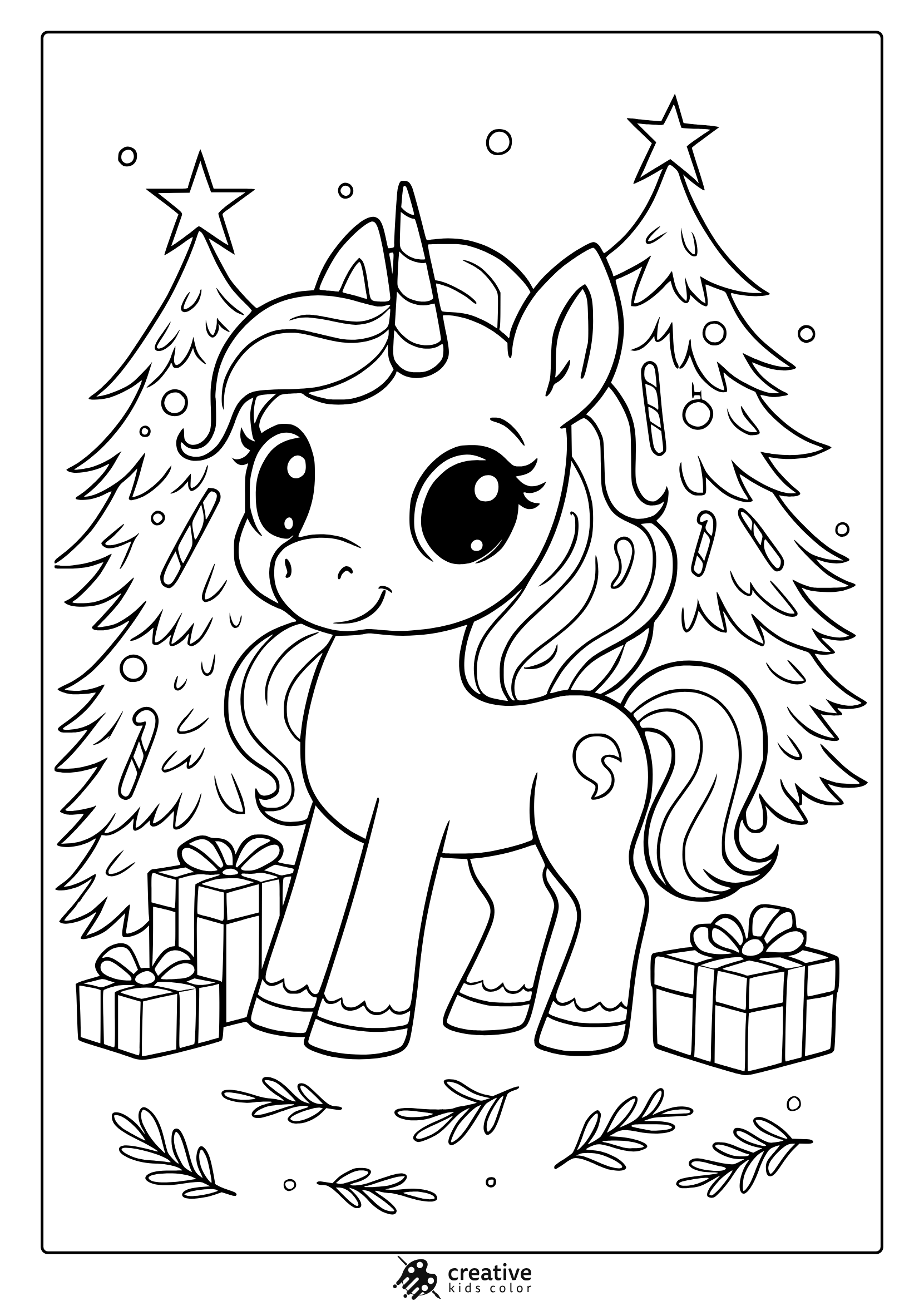 Christmas Unicorn With Trees, Ornaments, And Presents In This Joyful Holiday Coloring Page.