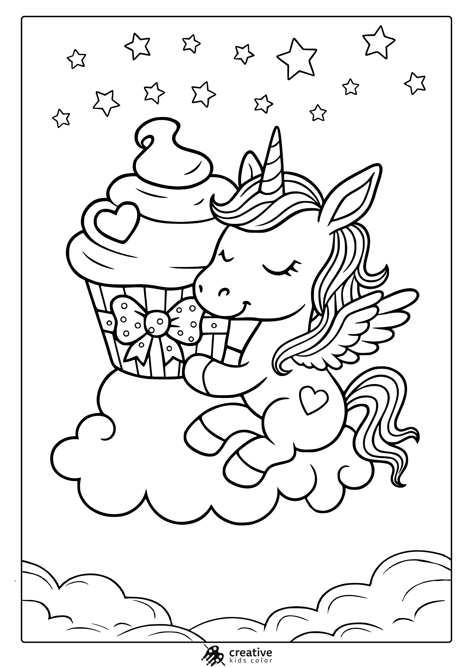 Unicorn With Heart-Marked Cupcake Sitting On Clouds Under Stars In This Sweet Coloring Page.