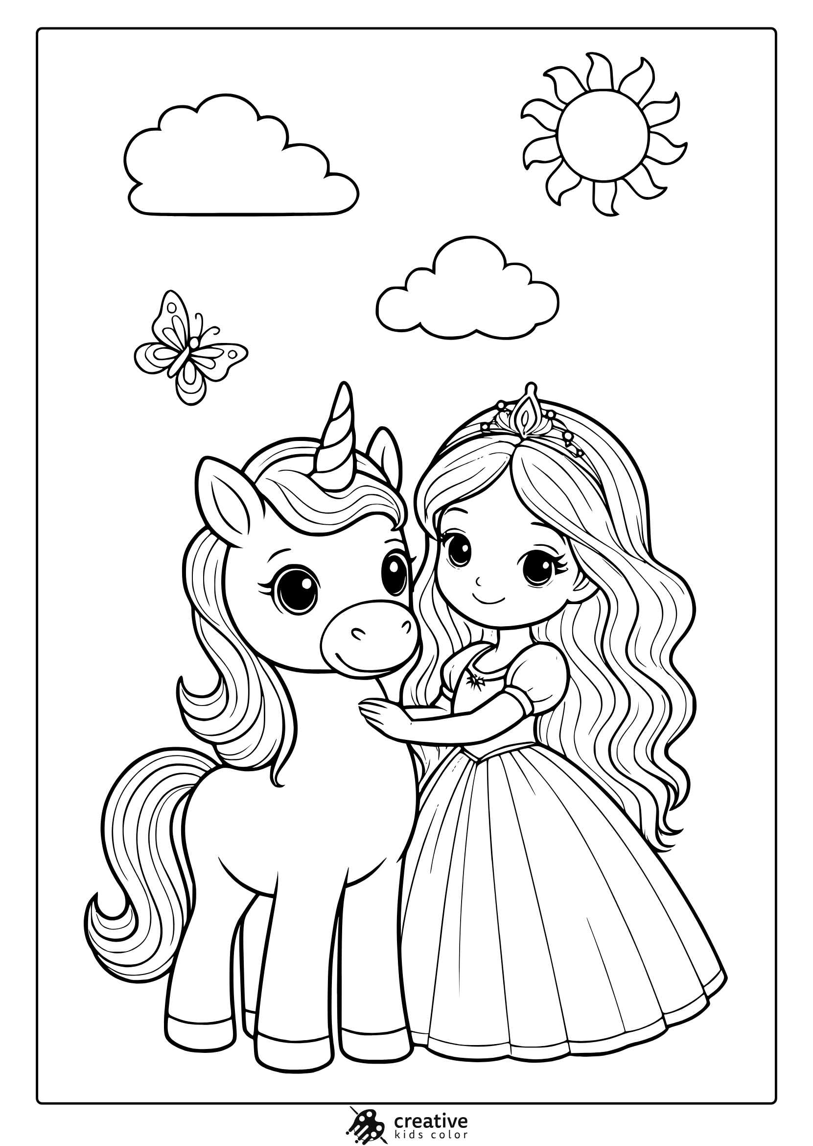 Unicorn With Princess In Gown And Tiara Standing Near Clouds And Sun In A Fantasy Coloring Page.