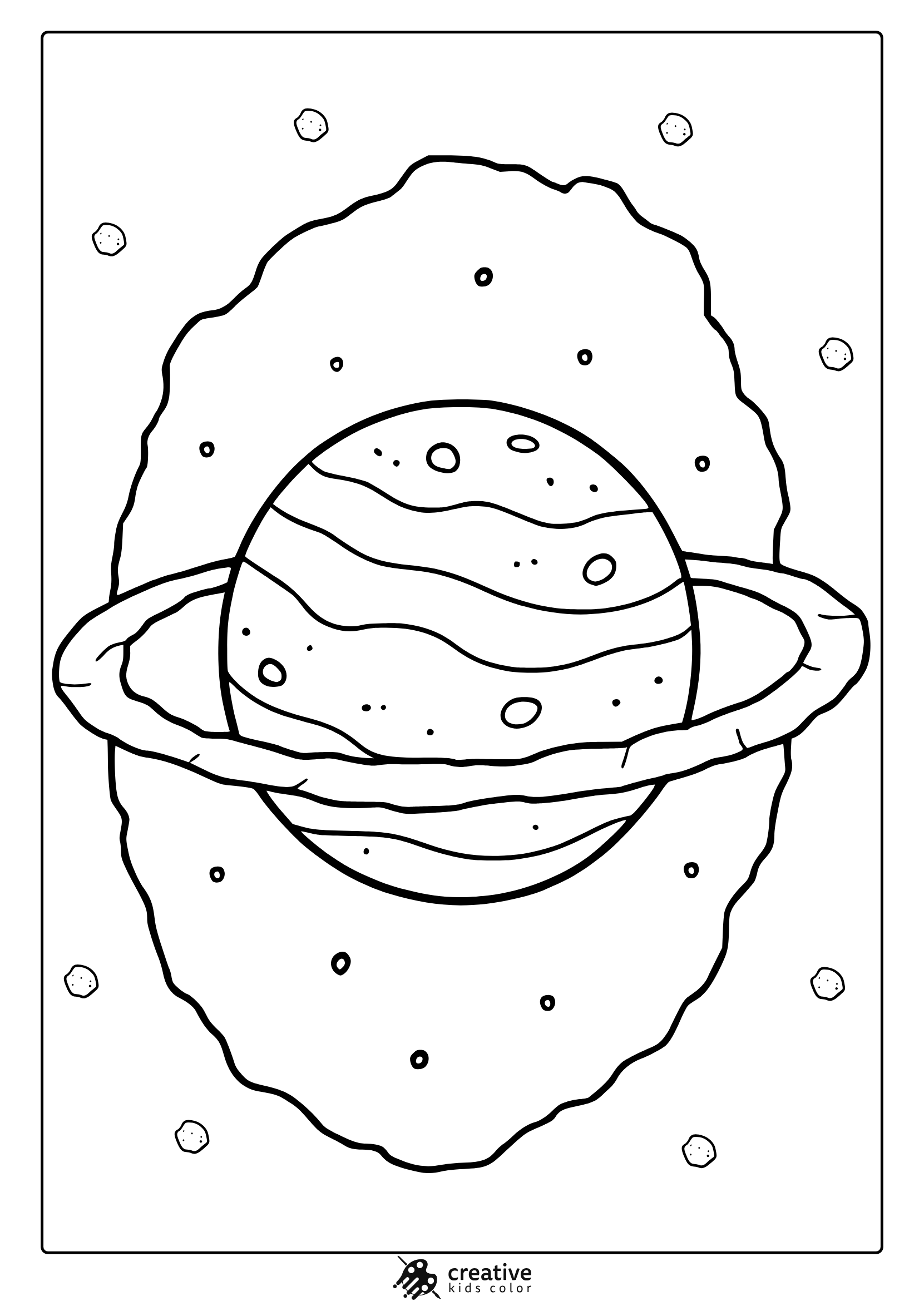 Uranus With Rings Moons And Clouds In Space. Minimalist Uranus Coloring Page With Soft Outlines For Kids.