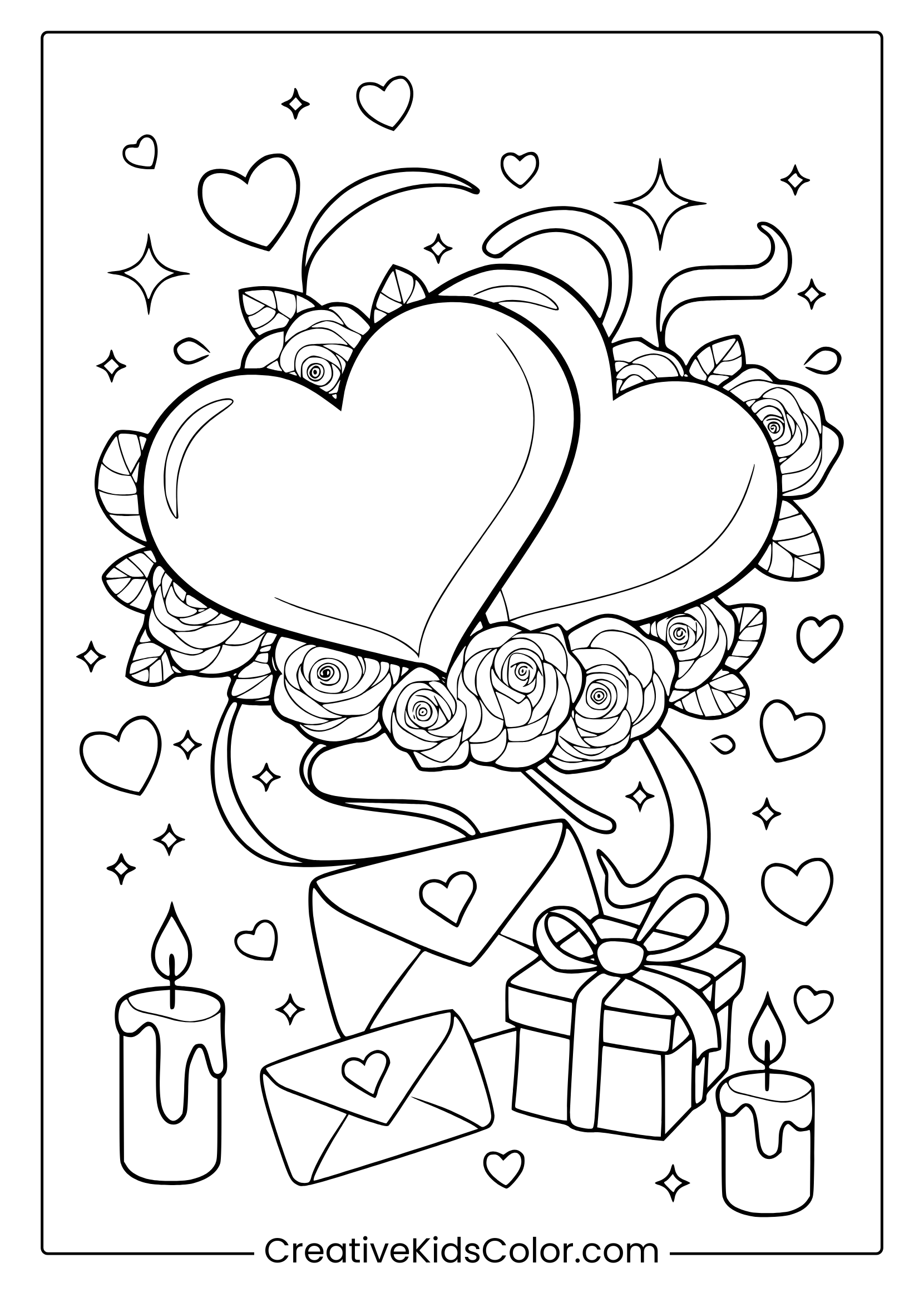 A Romantic February Coloring Page With Hearts, Roses, And Gifts, Celebrating Love.