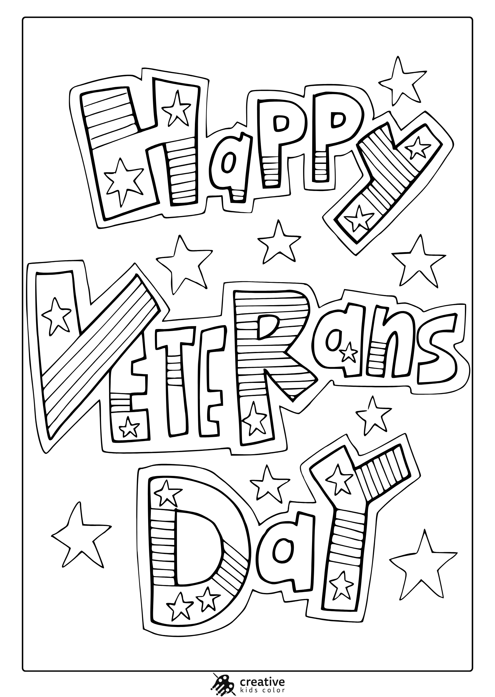 Veterans Day Coloring Page With Bold Striped Letters And Scattered Stars.