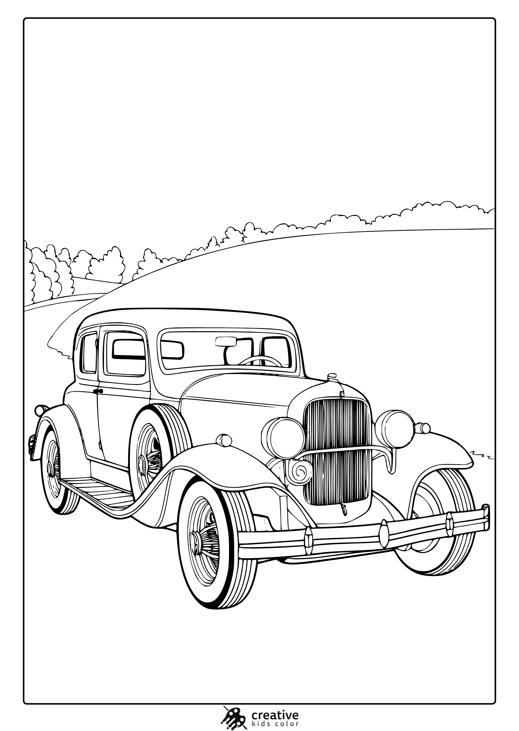 A Vintage Car With A Prominent Front Grille On A Hilly Road, A Perfect Vintage Car Coloring Page.