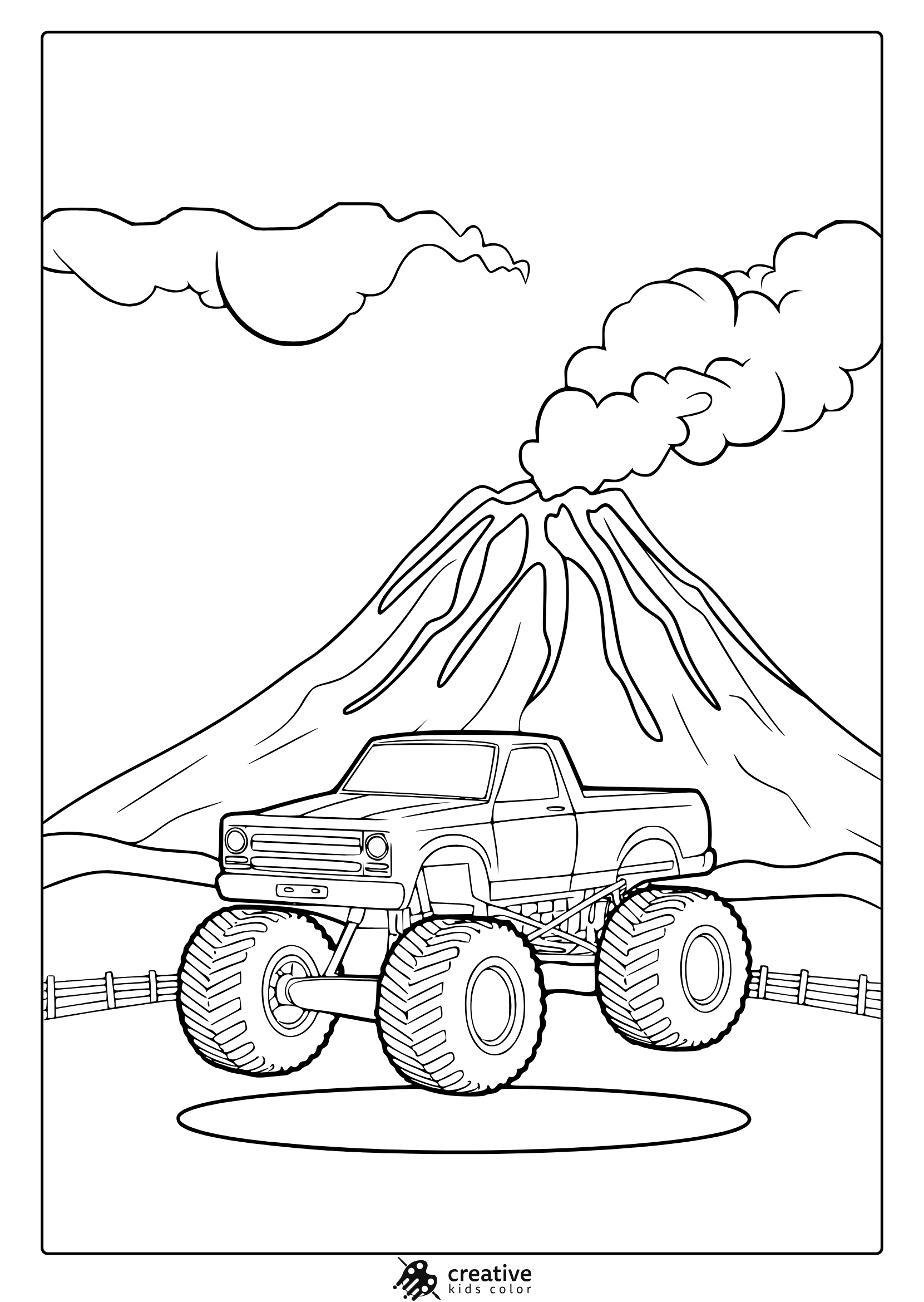 Monster Truck Jumping Near An Erupting Volcano, Dramatic And Bold Landscape For A Unique Coloring Page.