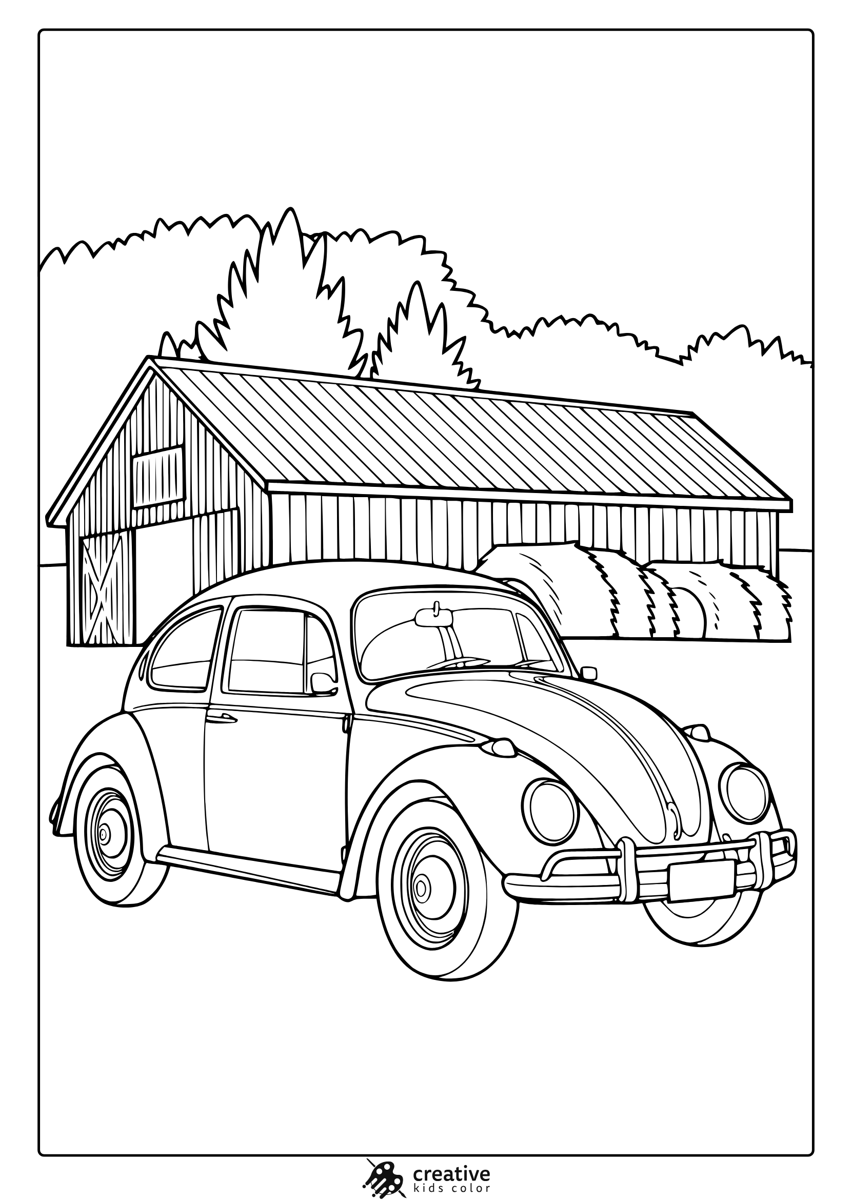 A Vw Beetle Car In Front Of A Barn With Trees, A Charming Vw Beetle Coloring Page.