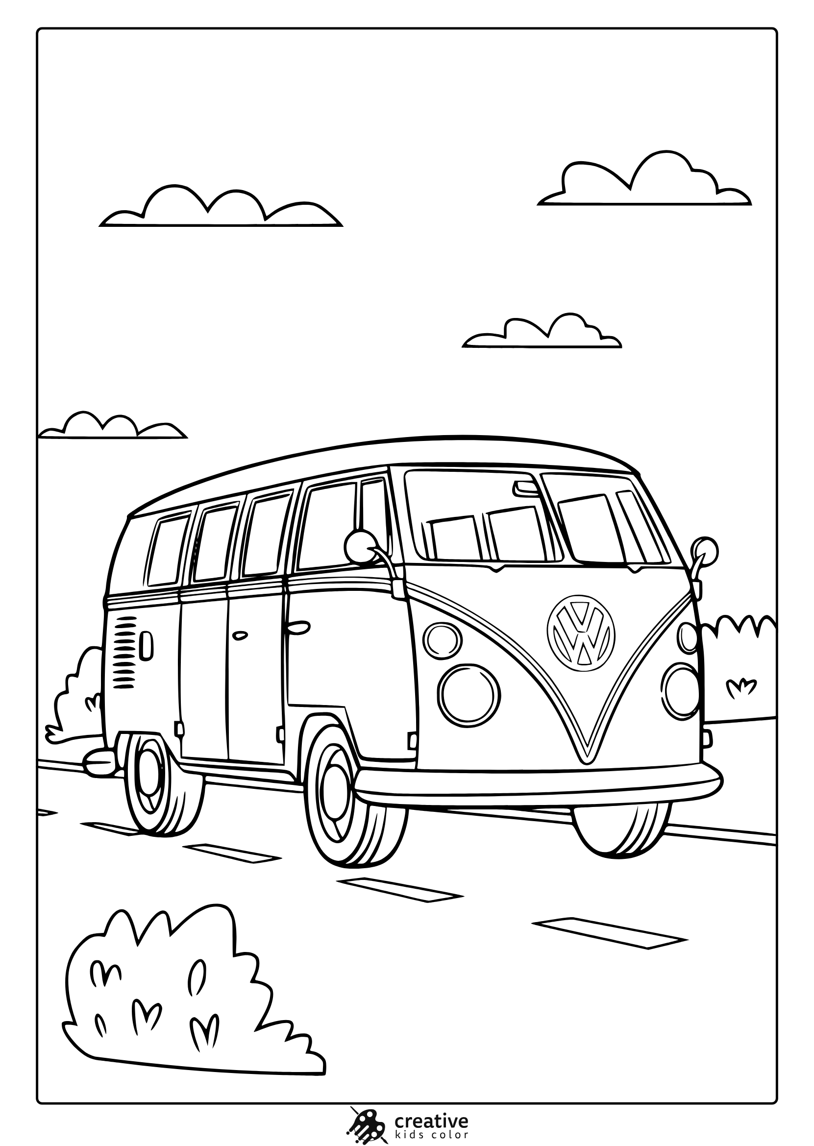 A Vw Kombi Van On A Quiet Road With Bushes, A Nostalgic Vw Kombi Coloring Page.