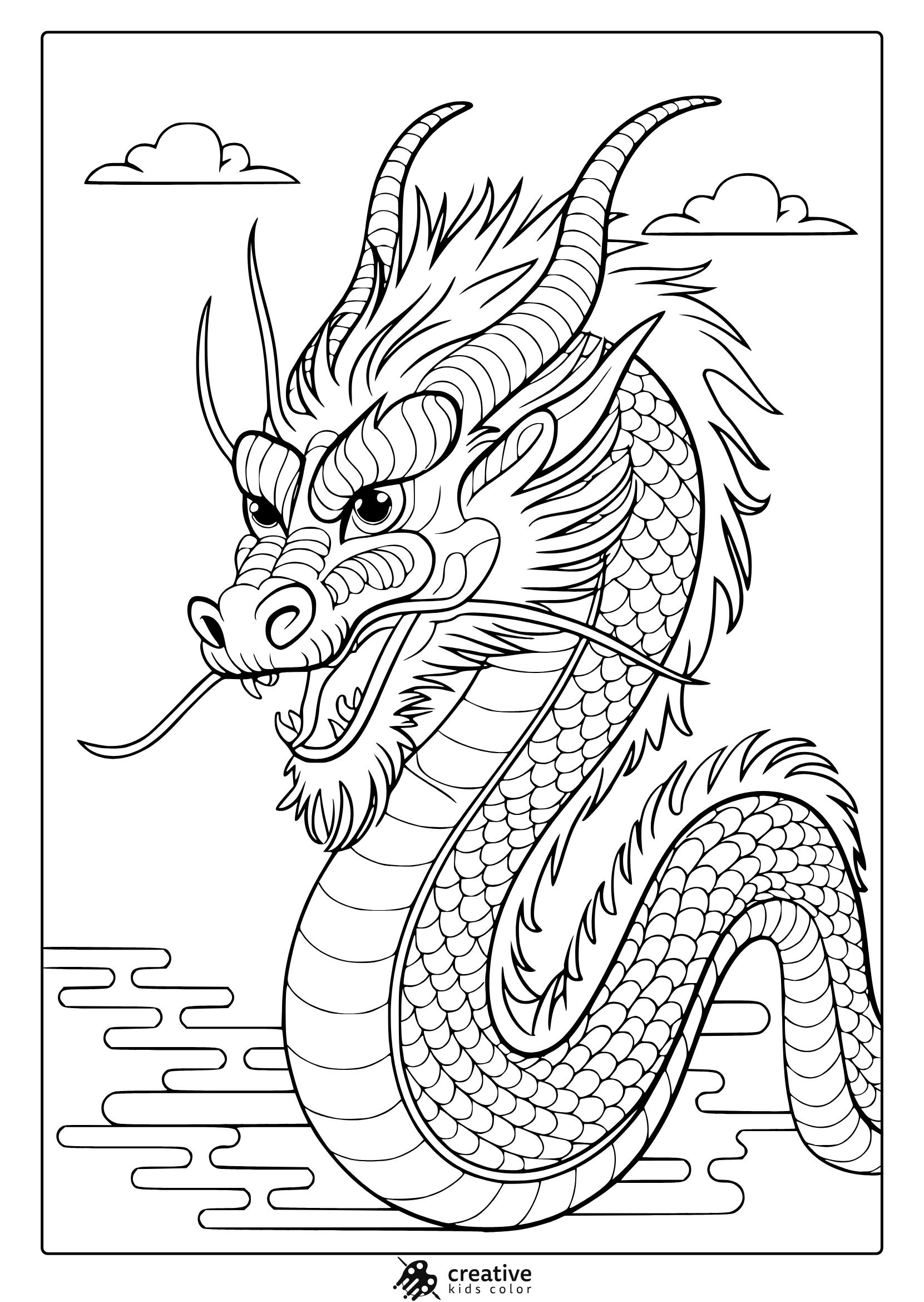A Wild Dragon Coloring Page Showcasing A Powerful Dragon With A Coiled Tail And A Menacing Expression.