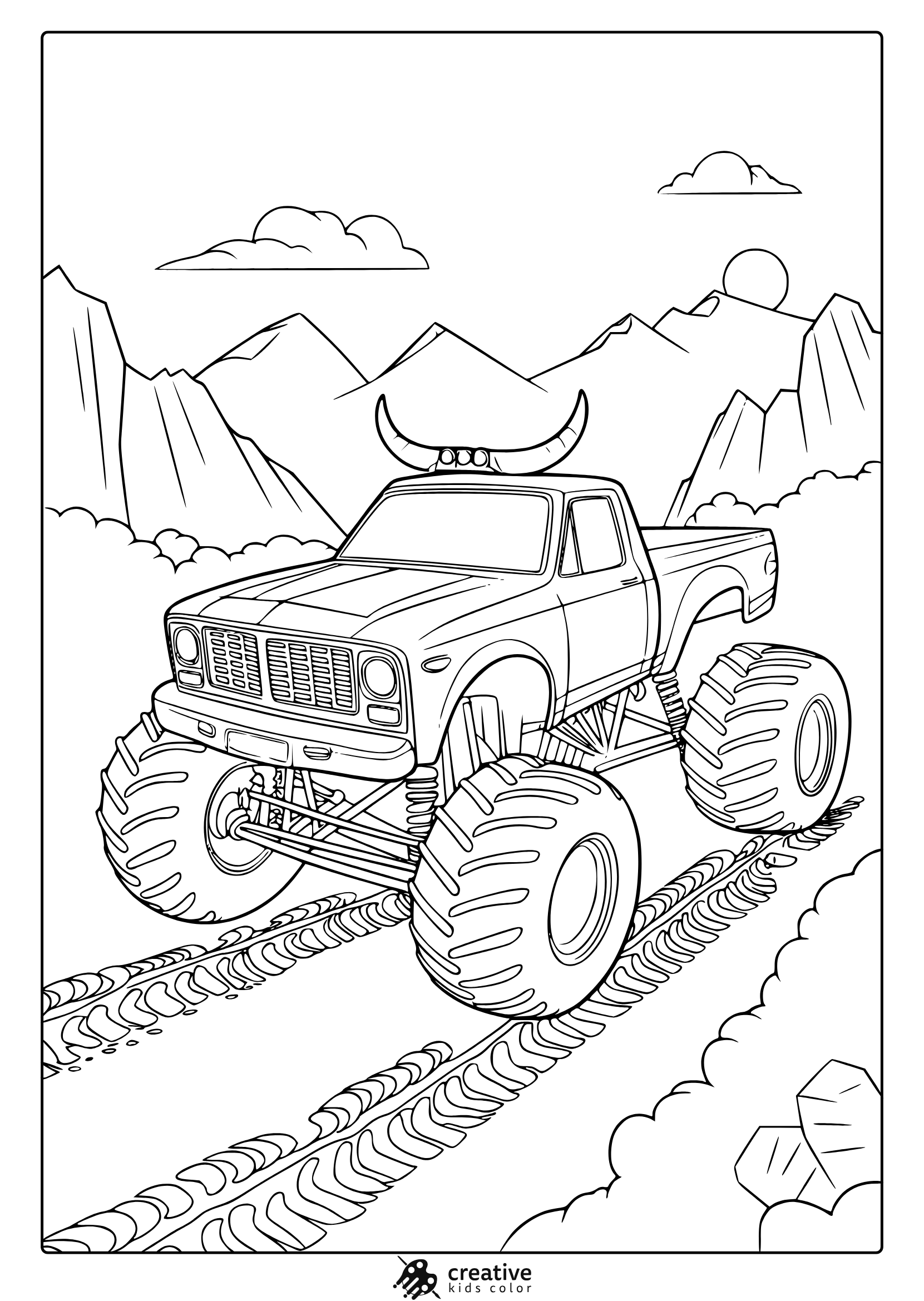 Monster truck with horns driving through mountains and sunlit clouds, bold and wild adventure coloring page.