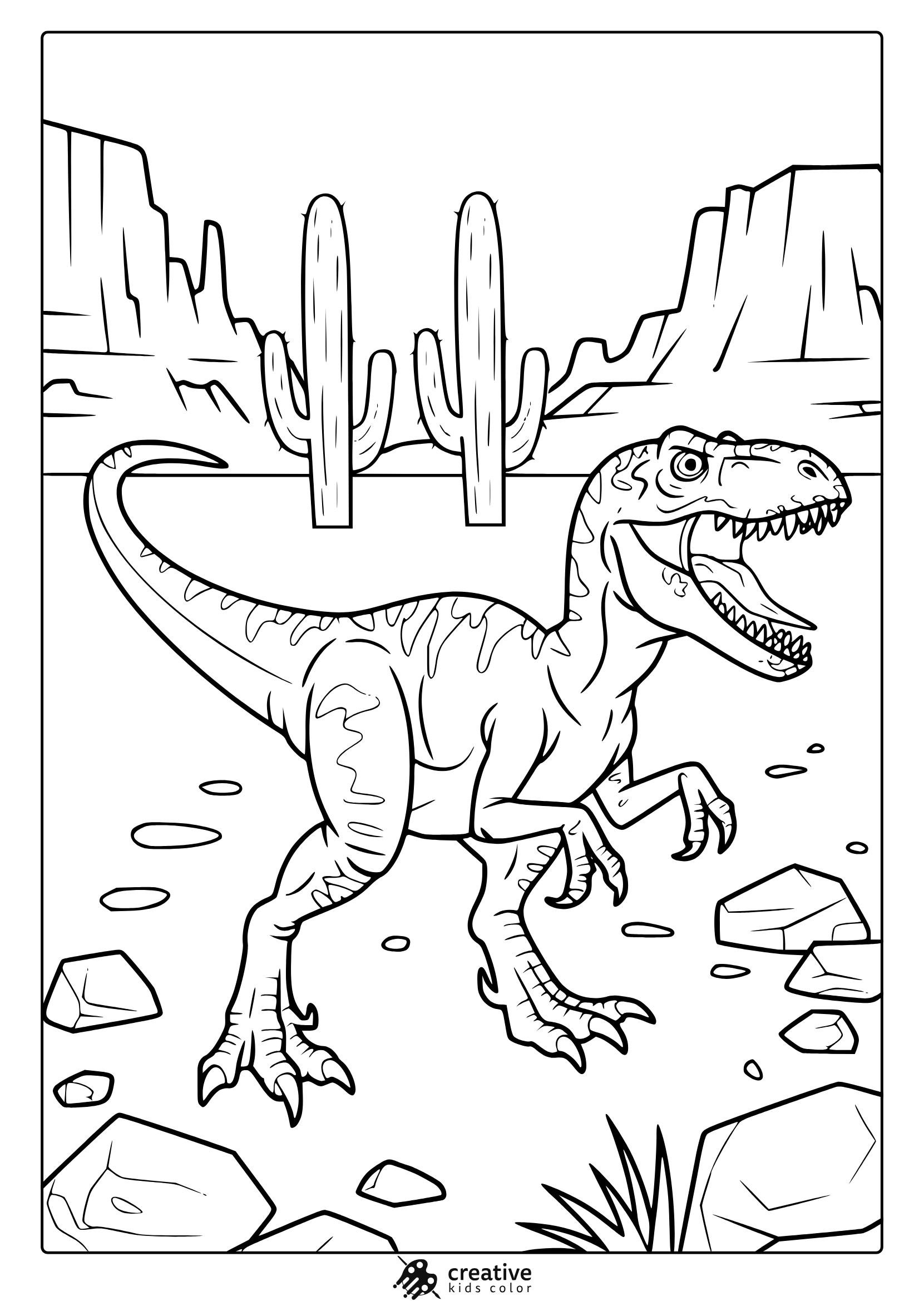 A Running T-Rex In A Desert Landscape Appears In This Action-Filled, Realistic Dinosaur Coloring Page.