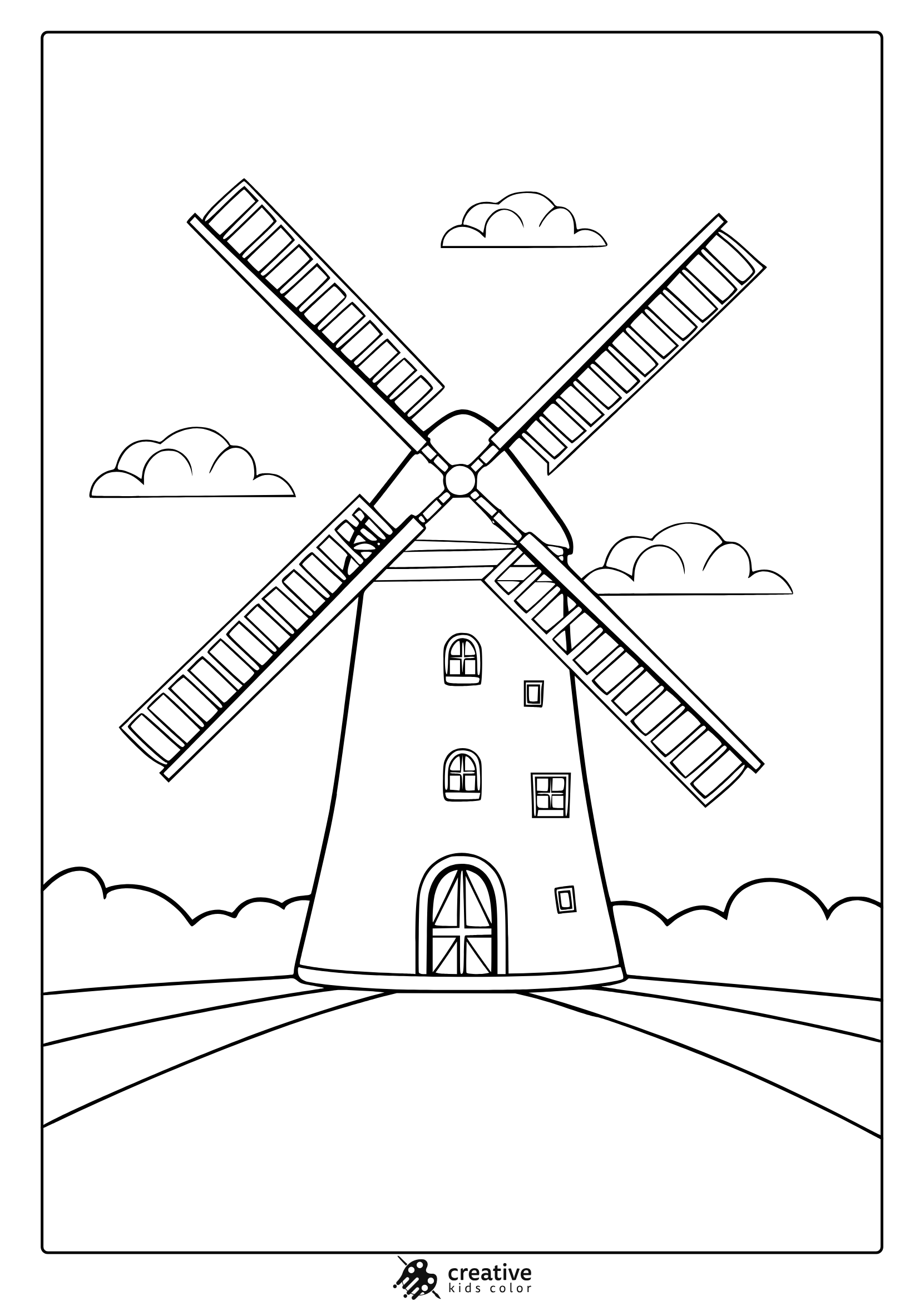 A Windmill Coloring Page Featuring A Traditional Windmill With A Cylindrical Body, Windows, A Door, And Clouds In The Background.