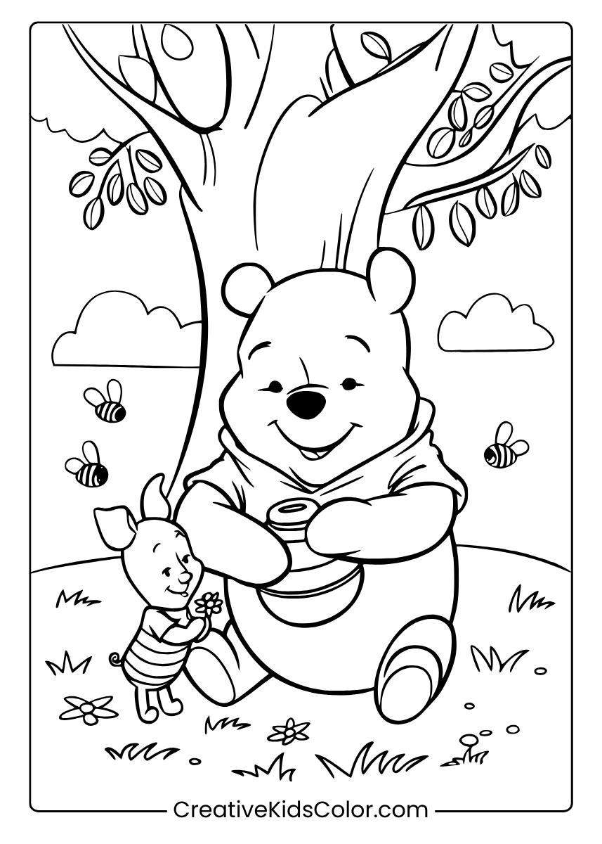 Relax With Winnie The Pooh And Piglet In A Serene Outdoor Scene Coloring Page.