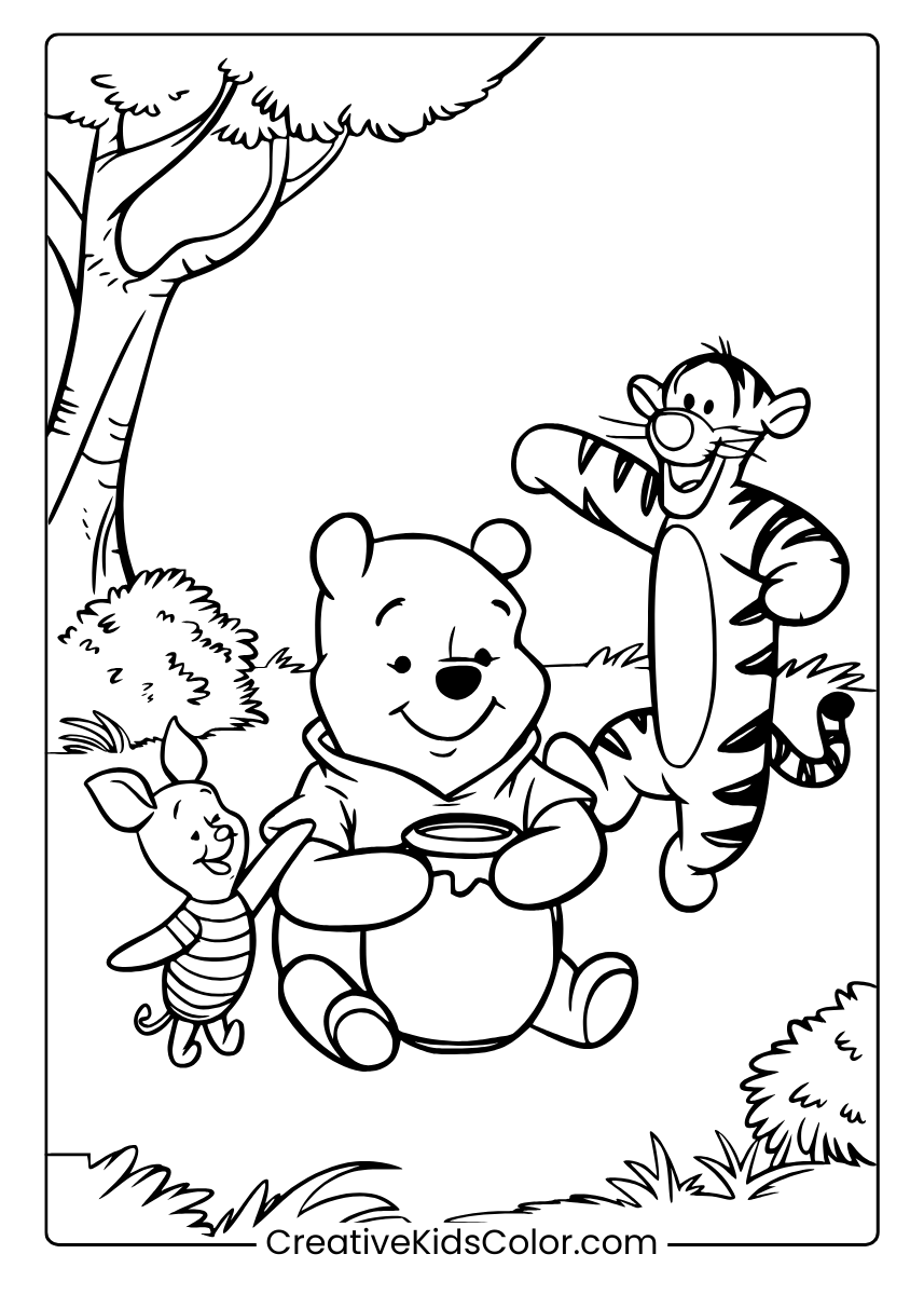 Coloring Page With Pooh, Piglet, And Tigger Enjoying A Sunny Day Outdoors.