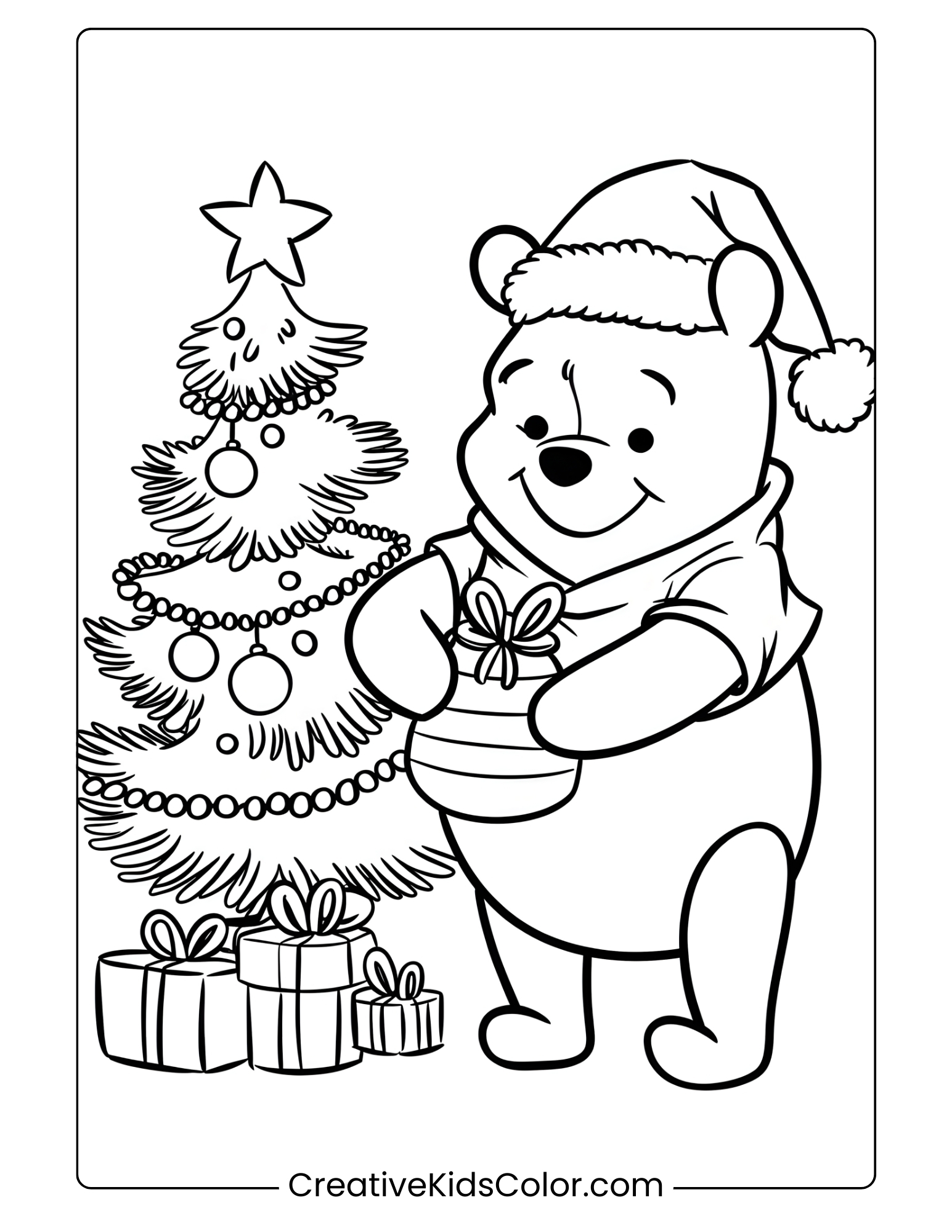 Winnie The Pooh In A Santa Hat, Beside A Christmas Tree, Bundled Up For The Holidays In This Coloring Page.