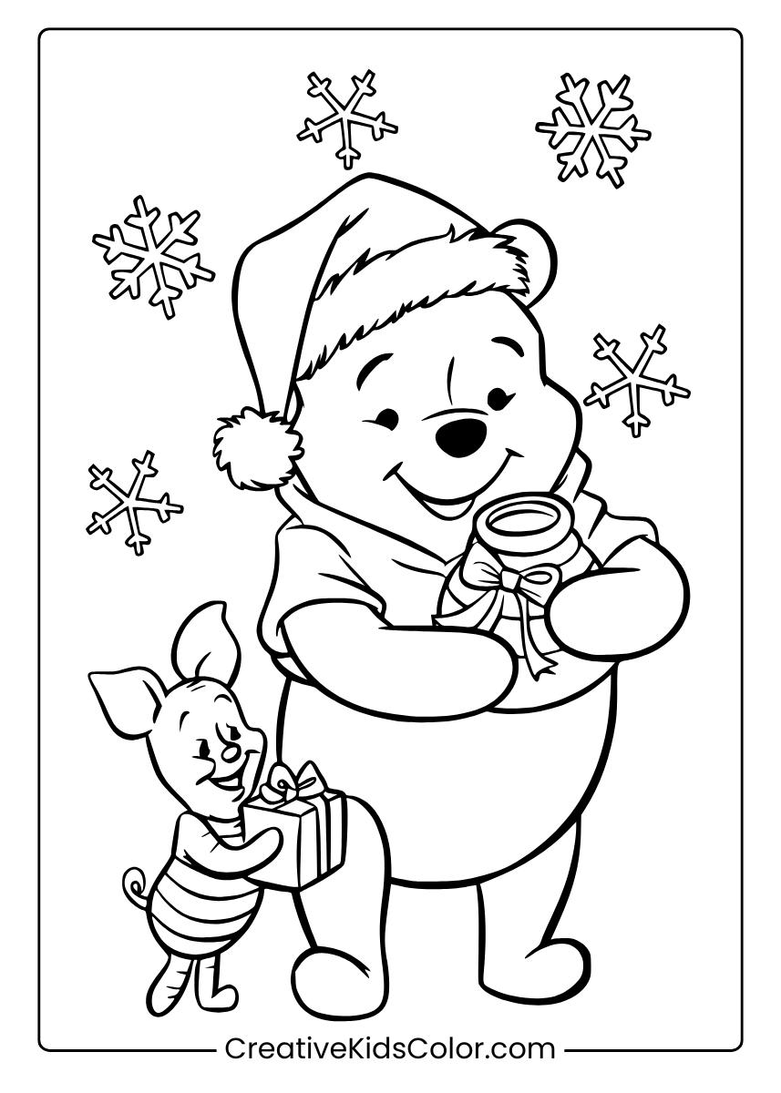 Winnie The Pooh And Piglet Enjoy A Snowy Christmas Scene With Honey And Gifts Coloring Page.