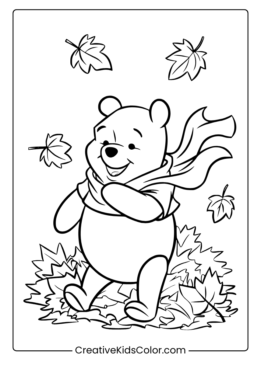 Fall Fun With Pooh Playing In A Pile Of Leaves, Wearing A Scarf Coloring Page.