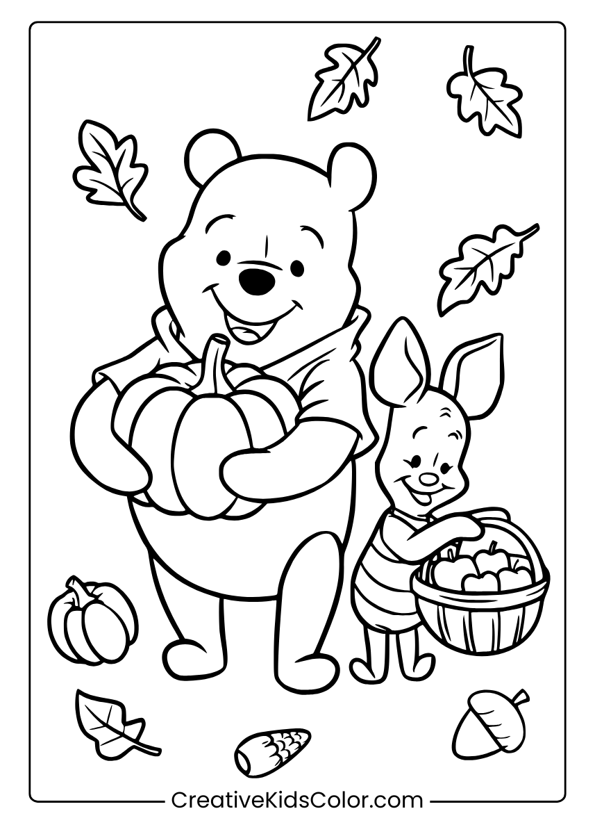 A Festive Pooh And Piglet With Pumpkins And Autumn Leaves For Thanksgiving Coloring Page.
