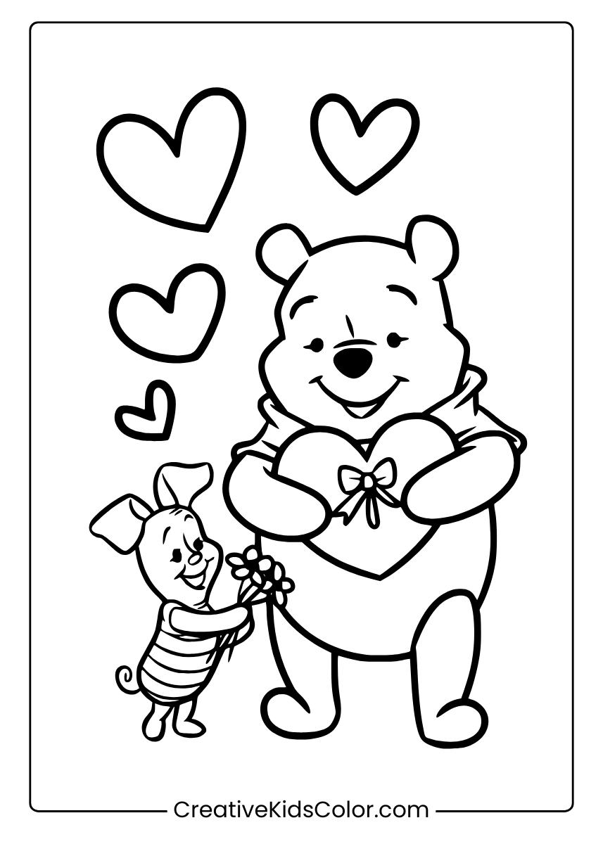 Winnie The Pooh And Piglet With Hearts And A Bouquet In This Valentine'S Coloring Page.