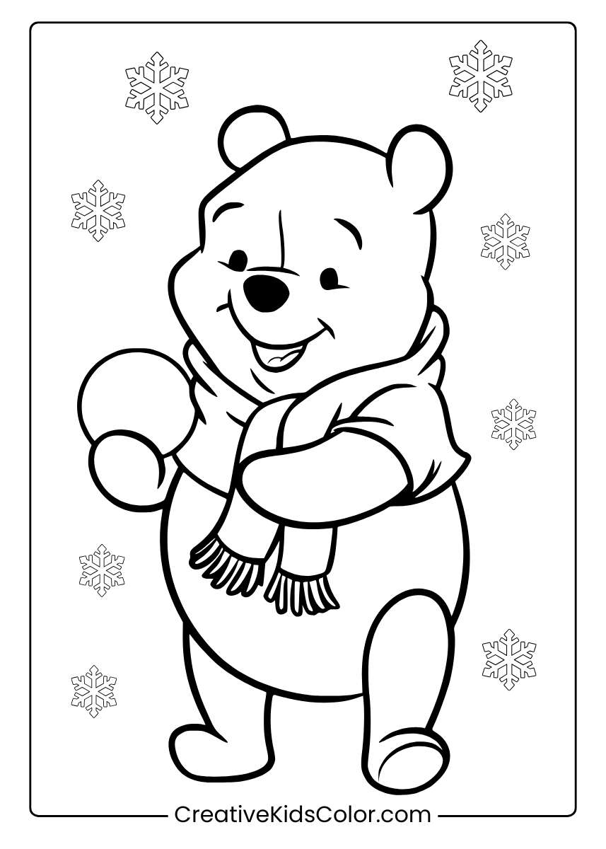 Winter Fun With Pooh Dressed In A Scarf And Surrounded By Snowflakes Coloring Page.