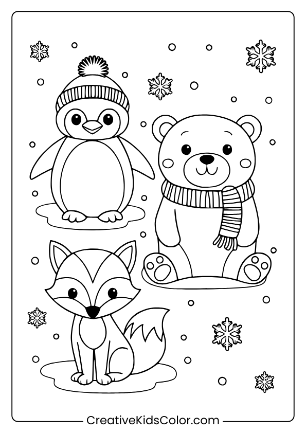 Winter Animal Coloring Page With A Penguin, Bear, And Fox In A Snowy Scene For Fun Coloring Activities.