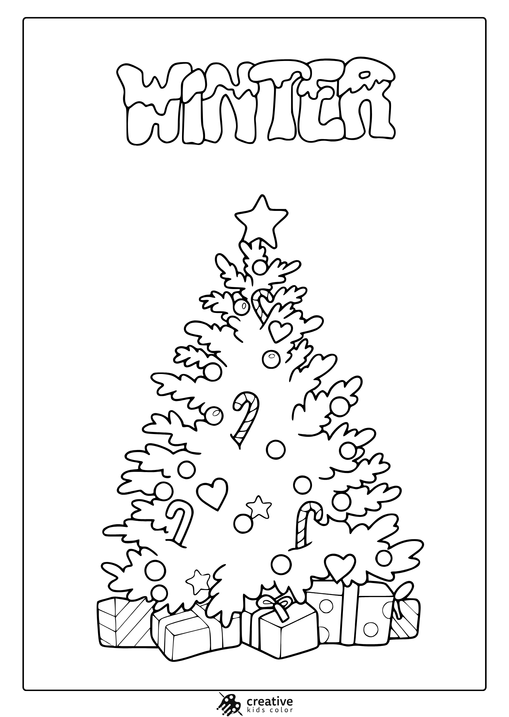 Winter Christmas Tree Coloring Page With Ornaments, Star Topper, Candy Canes, And Wrapped Presents.