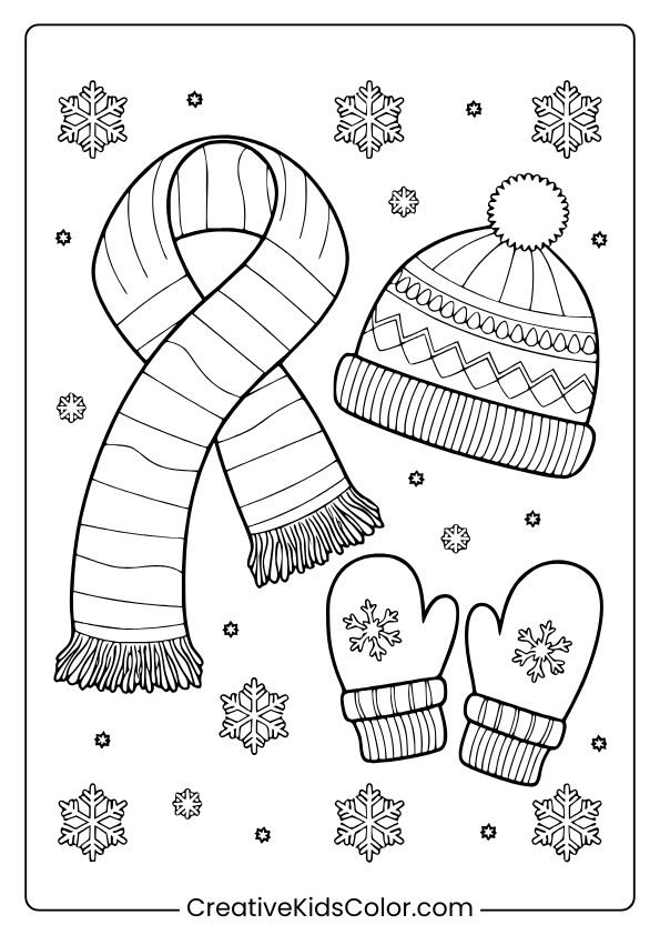 Winter Clothes Coloring Page With A Scarf, Beanie, And Mittens Decorated With Snowflakes For Winter-Themed Coloring.
