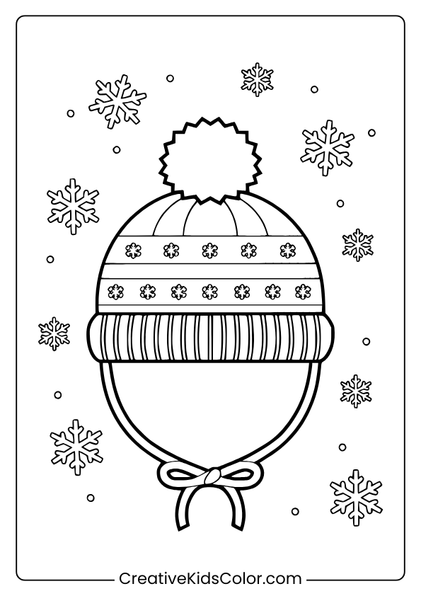 Winter Hat Coloring Page Featuring A Patterned Beanie With A Pom-Pom And Snowflakes For Cozy Winter Fun.