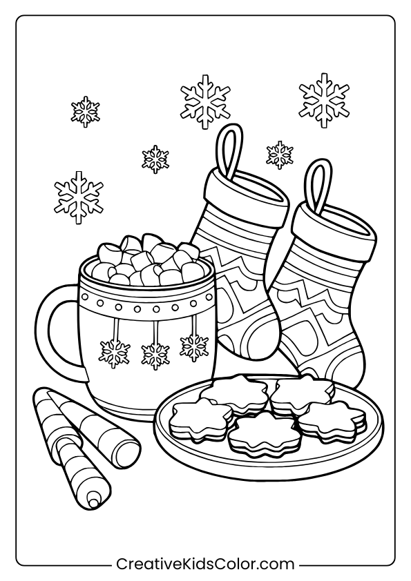 Winter Holiday Coloring Page With Hot Cocoa, Candy Canes, And Cookies For A Festive Winter Coloring Experience.