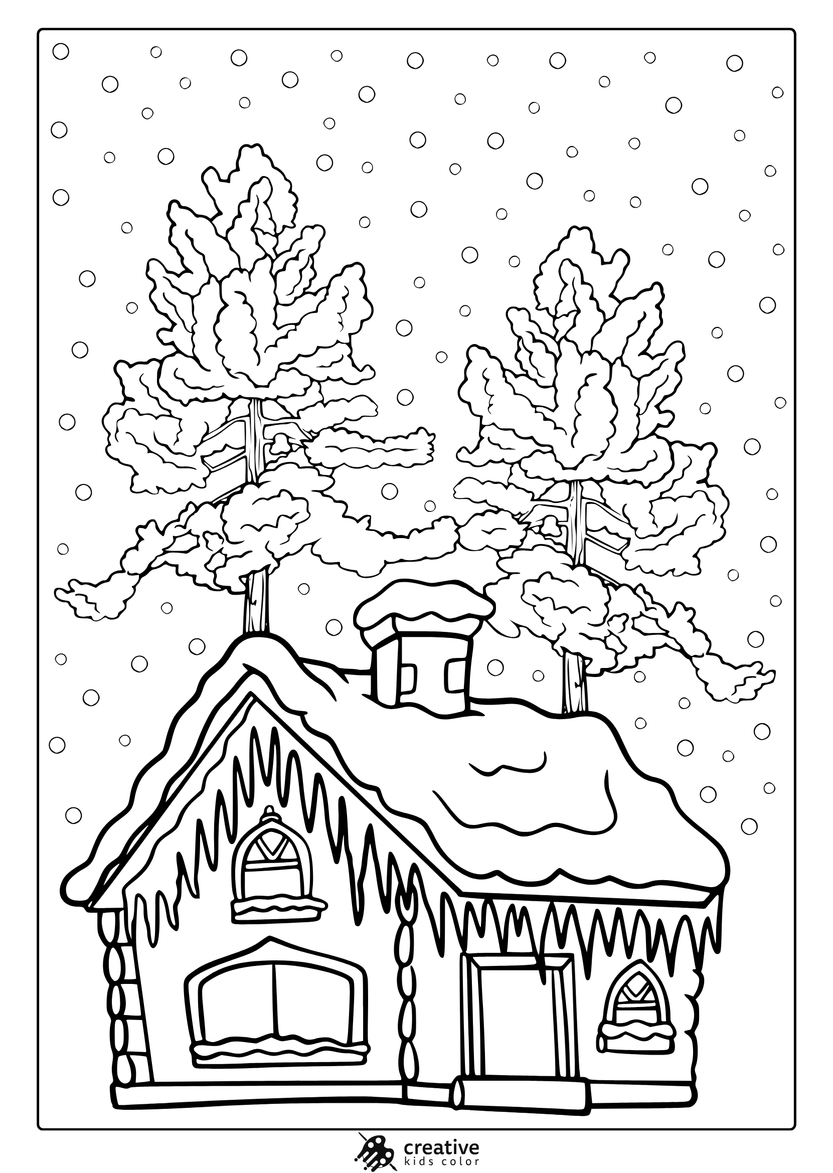 Winter House Coloring Page Featuring A Snow-Covered Cabin, Pine Trees, And Snowy Roof Details.