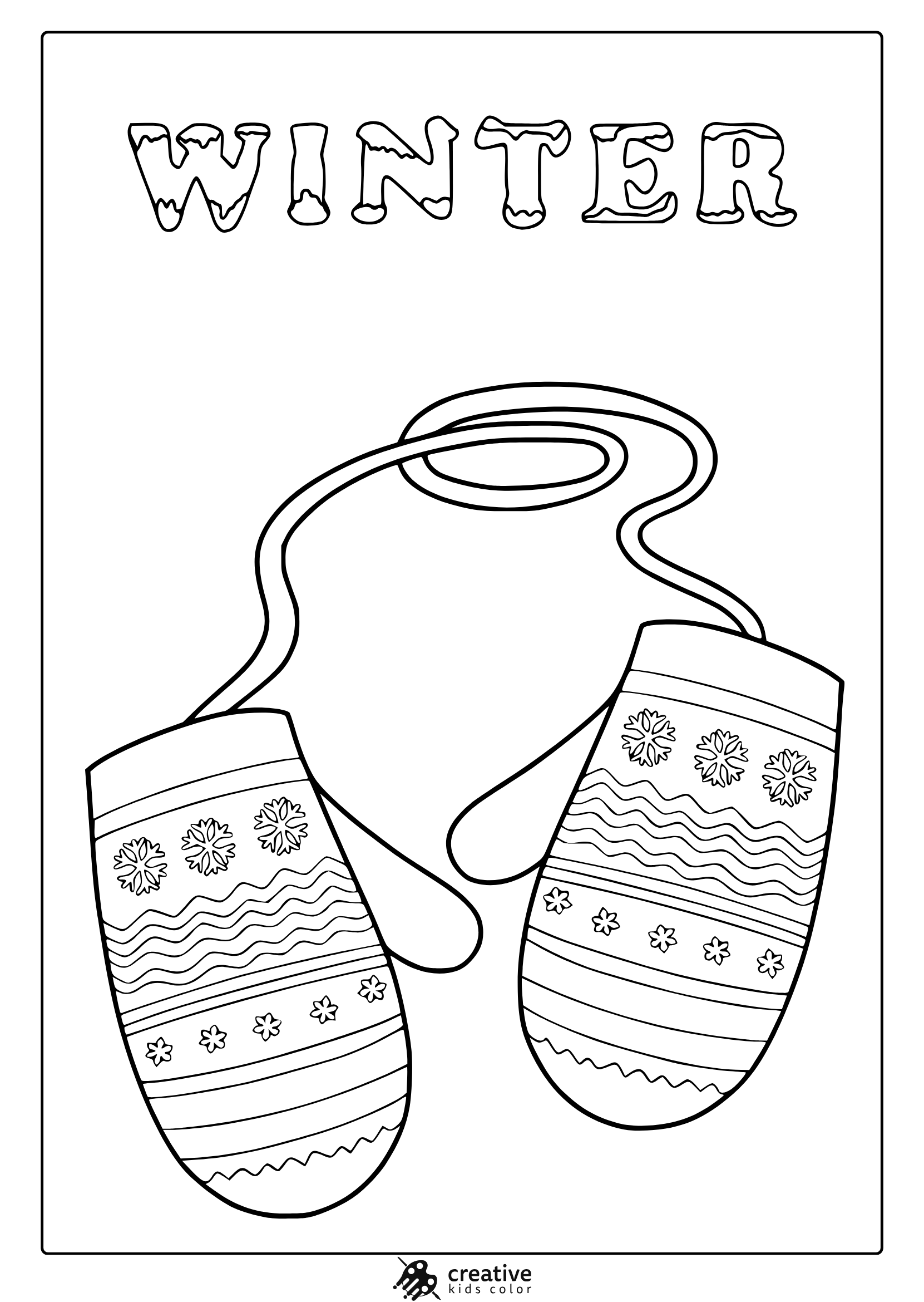 Winter Mittens Coloring Page With Decorative Nordic Snowflakes, Wavy Lines, And Floral Patterns.