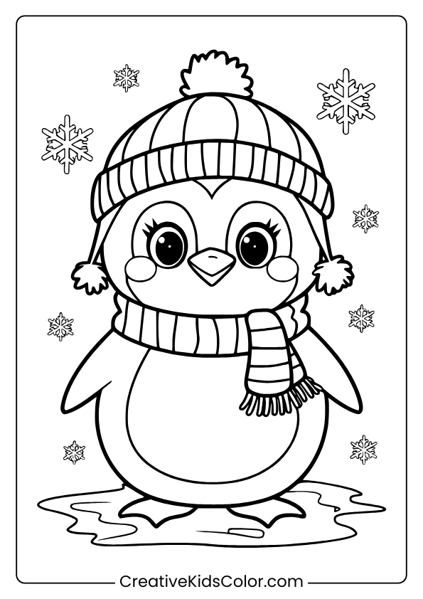 Winter Penguin Coloring Page Featuring A Cheerful Penguin With A Striped Scarf And Beanie In A Snowy Setting.