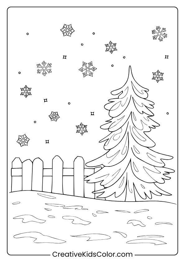 Winter Scene Coloring Page Featuring A Snow-Laden Evergreen Tree, A Wooden Fence, And Snowflakes In A Serene Setting.