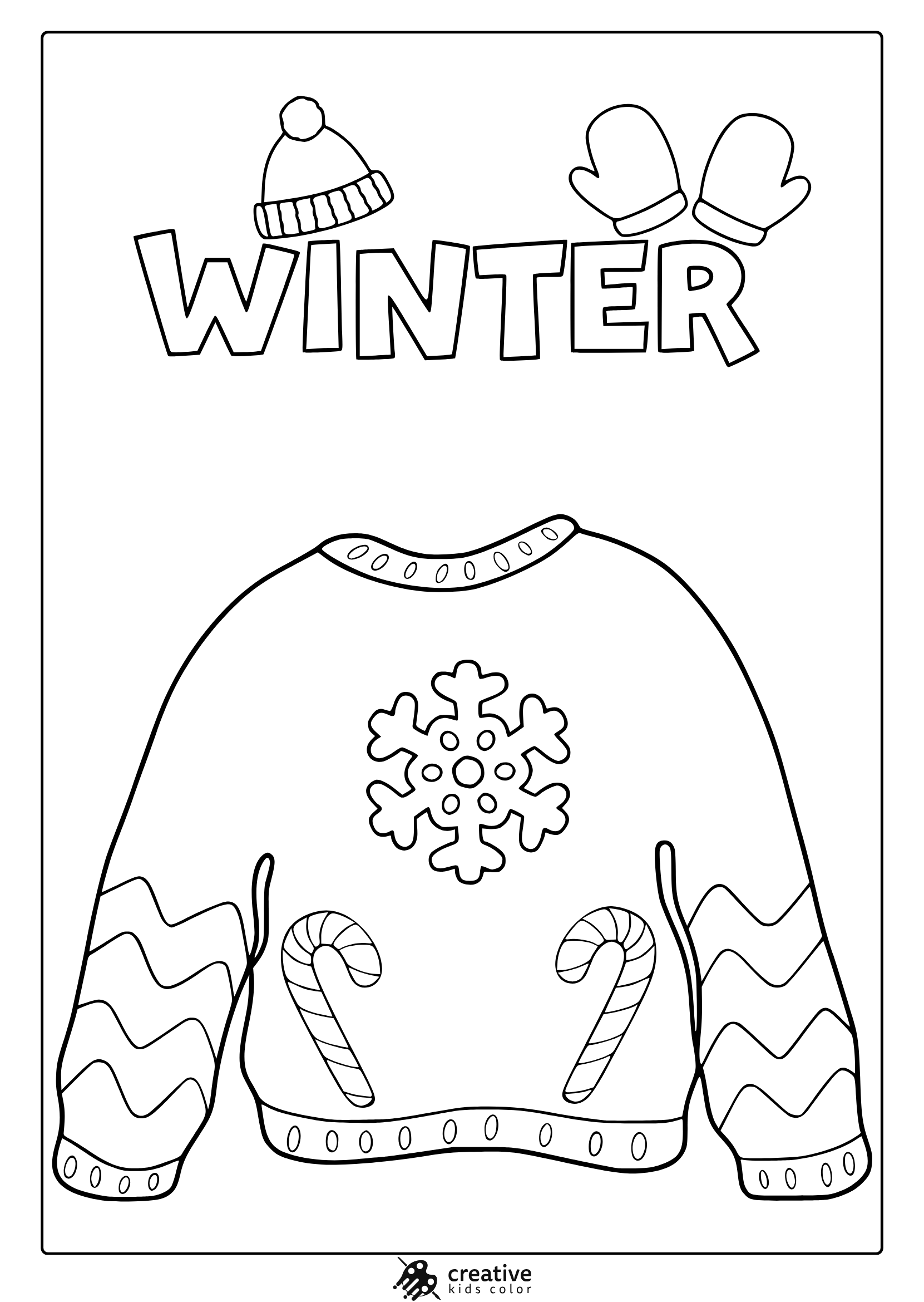 Winter Sweatshirt Coloring Page With Festive Snowflake And Candy Cane Designs In Bold Clean Outlines.