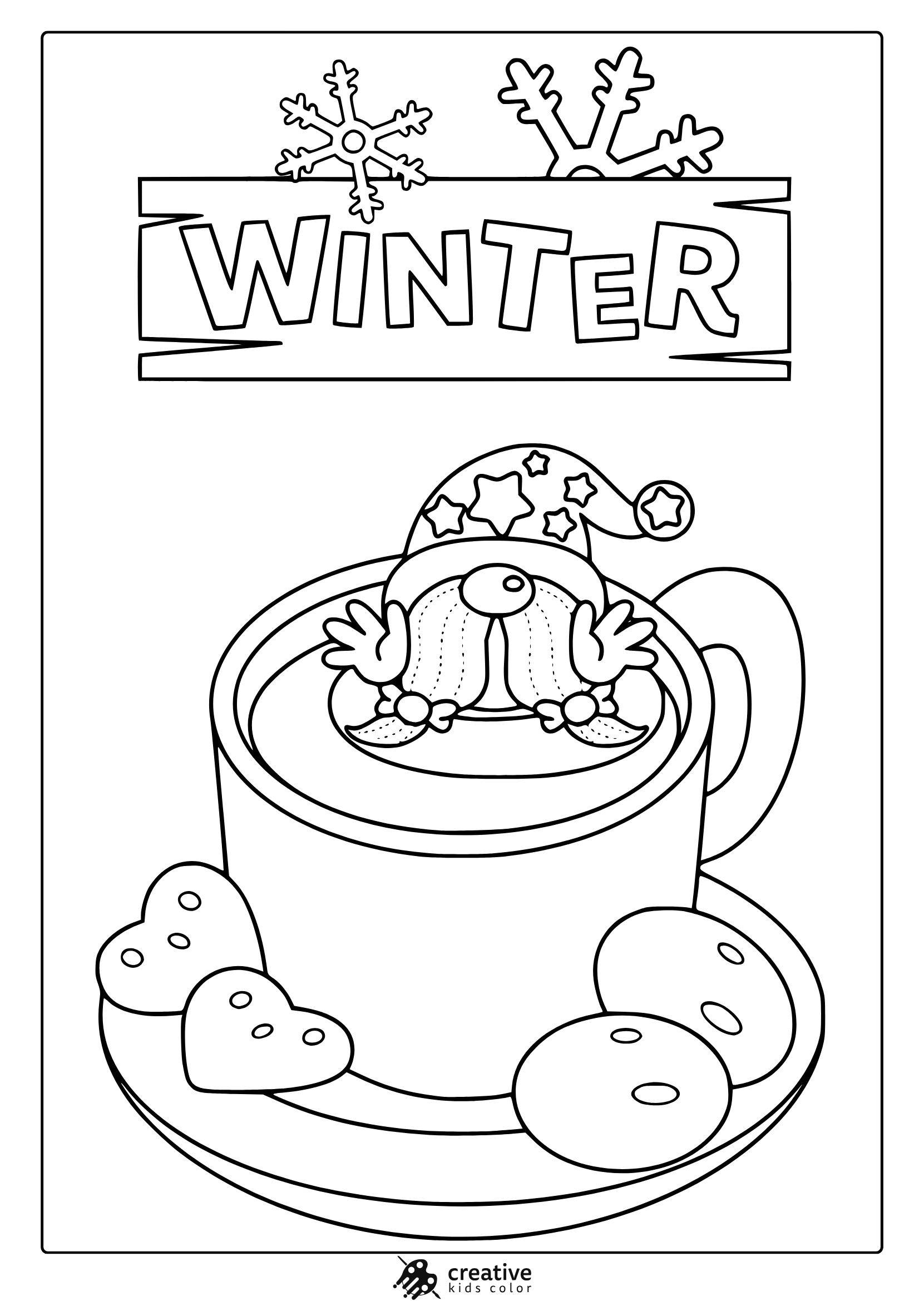 Winter Themed Coloring Page With Gnome In Mug, Santa Hat, Cookies, And Decorative Snowflakes.