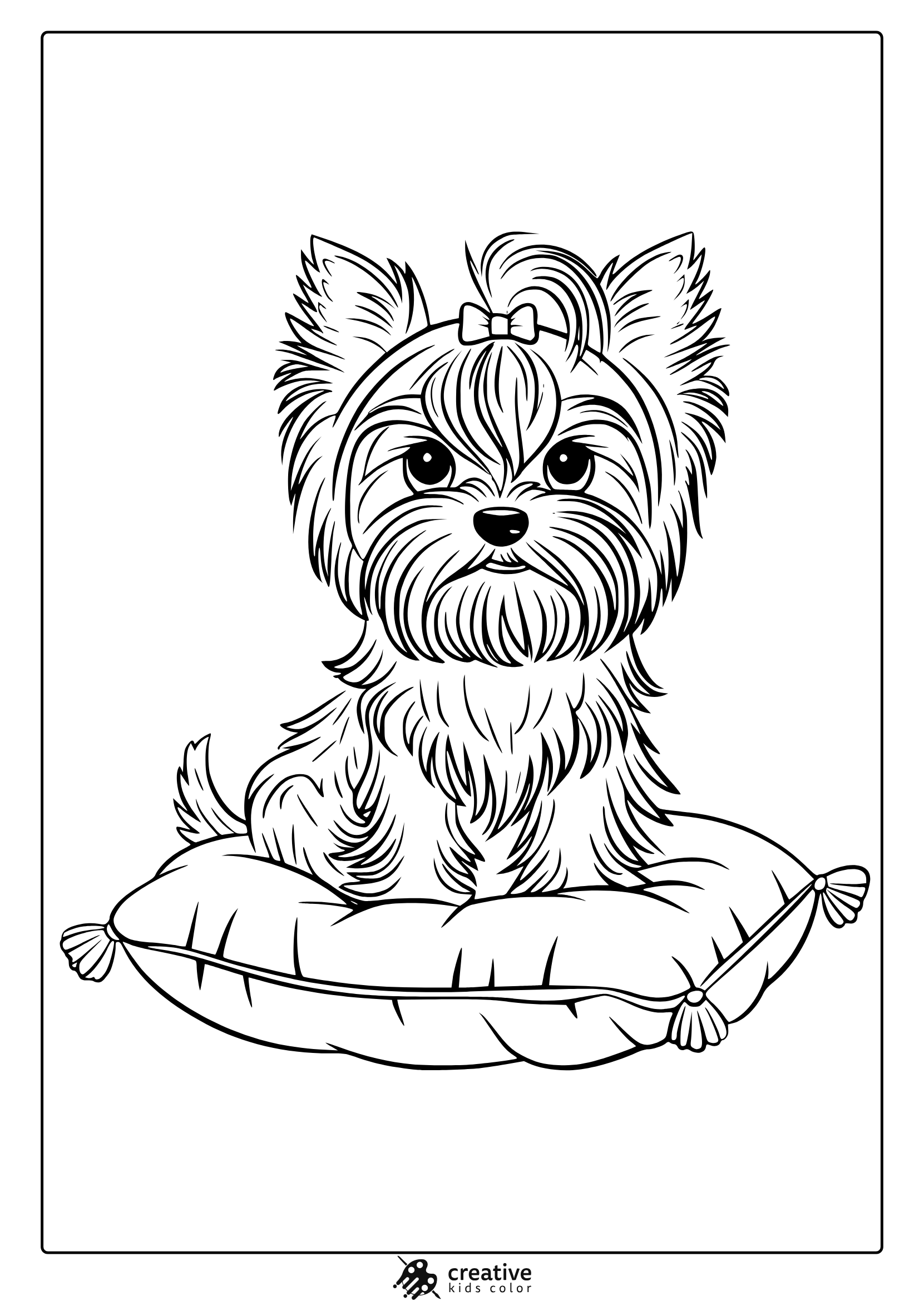 A Yorkshire Terrier Puppy On A Soft Cushion. A Stylish And Cute Yorkie Puppy Coloring Page For All.