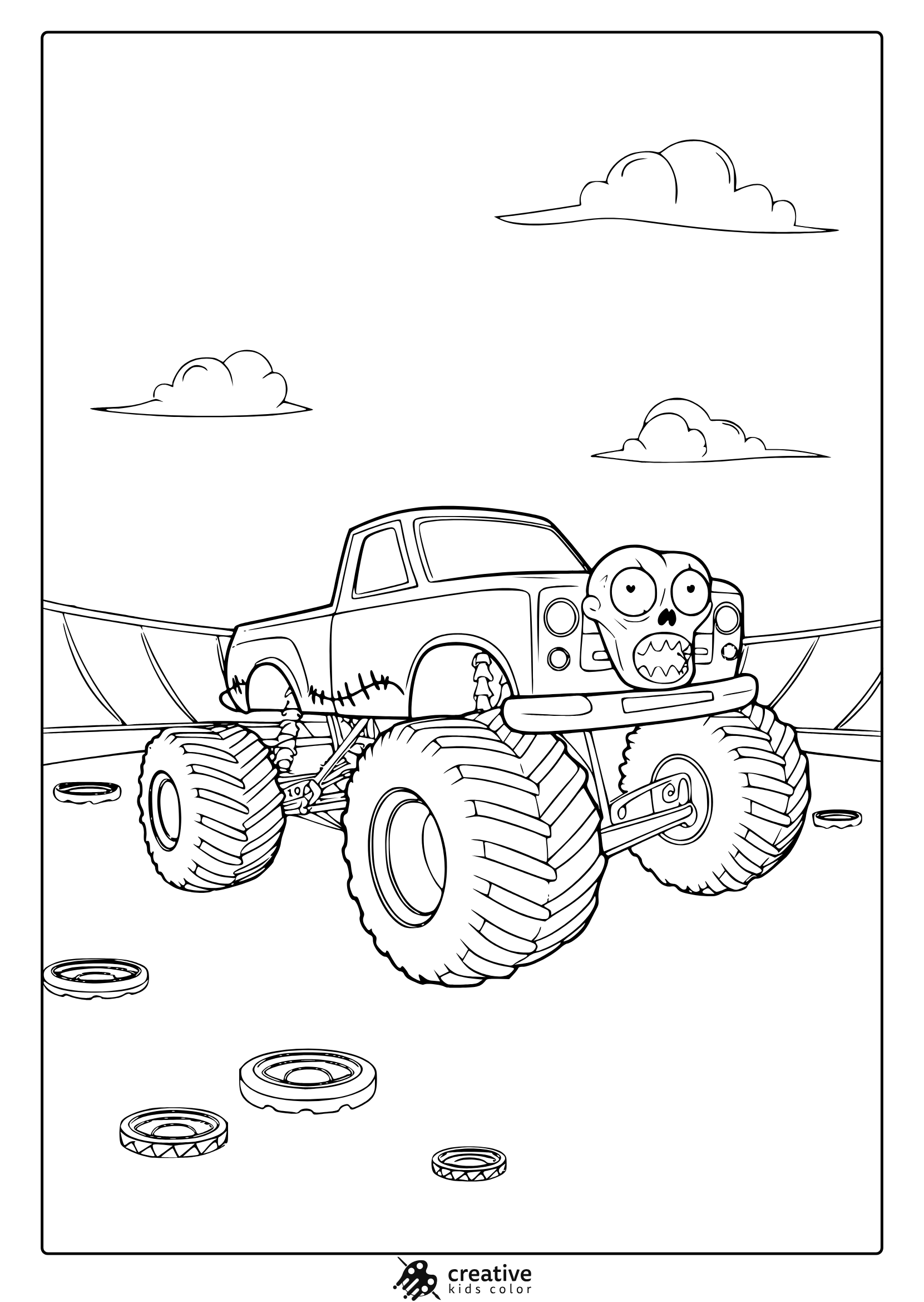 Zombie Monster Truck With Skull Face On A Stadium Track, Creepy And Action Filled Coloring Page Design.